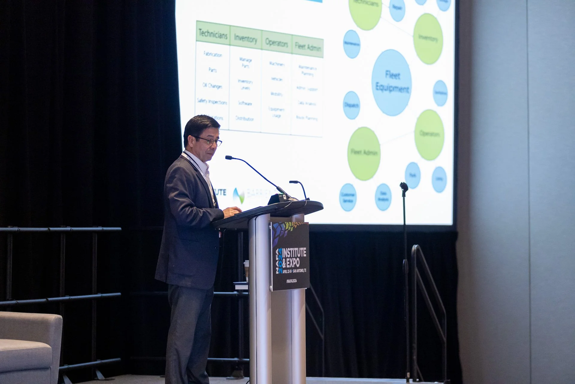 A man in a suit is standing at a podium giving a presentation at a conference. A large screen behind him displays a colorful diagram with circles and text, related to fleet management and team roles.