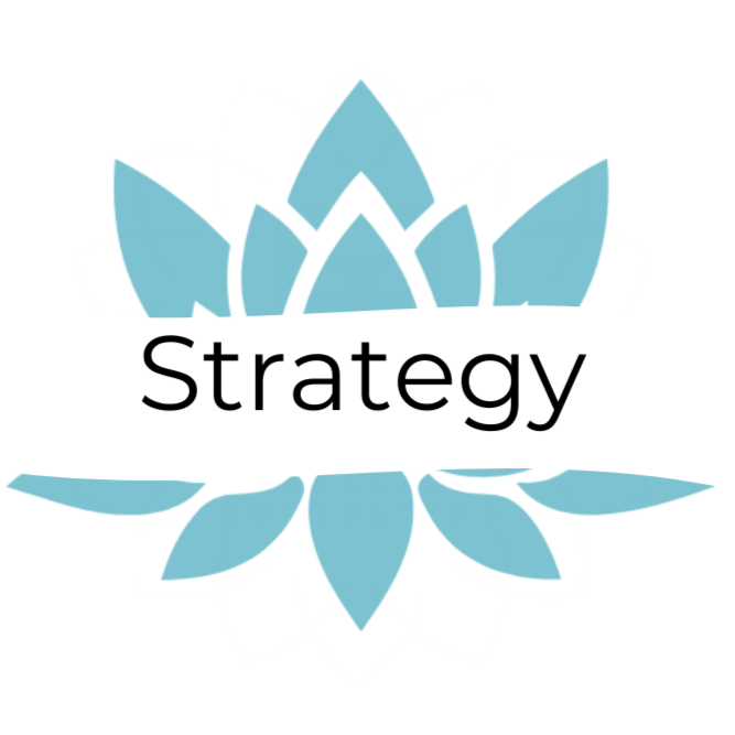 A light blue stylized lotus flower with the word "Strategy" in black text across the center.