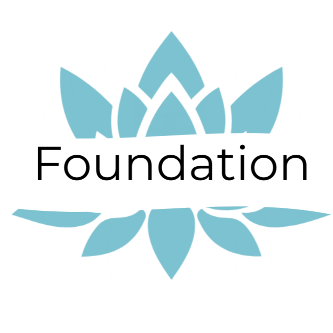 Light blue stylized lotus flower with the word 'Foundation' in black text across the center.