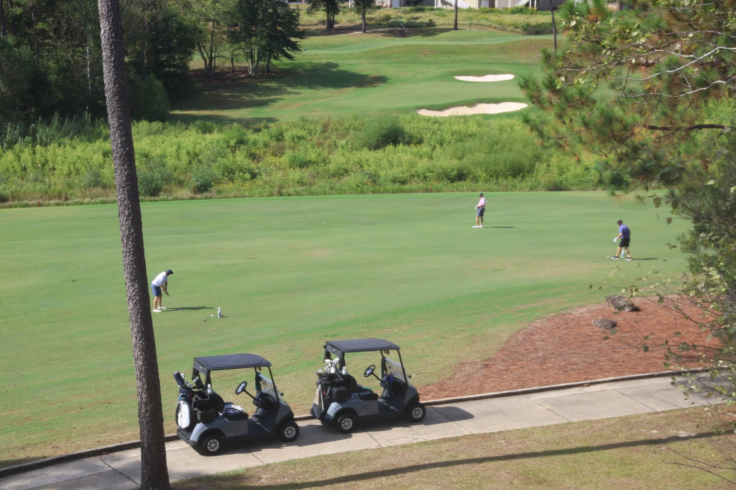 Three men playing golf on a green golf course with two golf carts parked nearby, surrounded by trees and grass, and sand bunkers in the background.