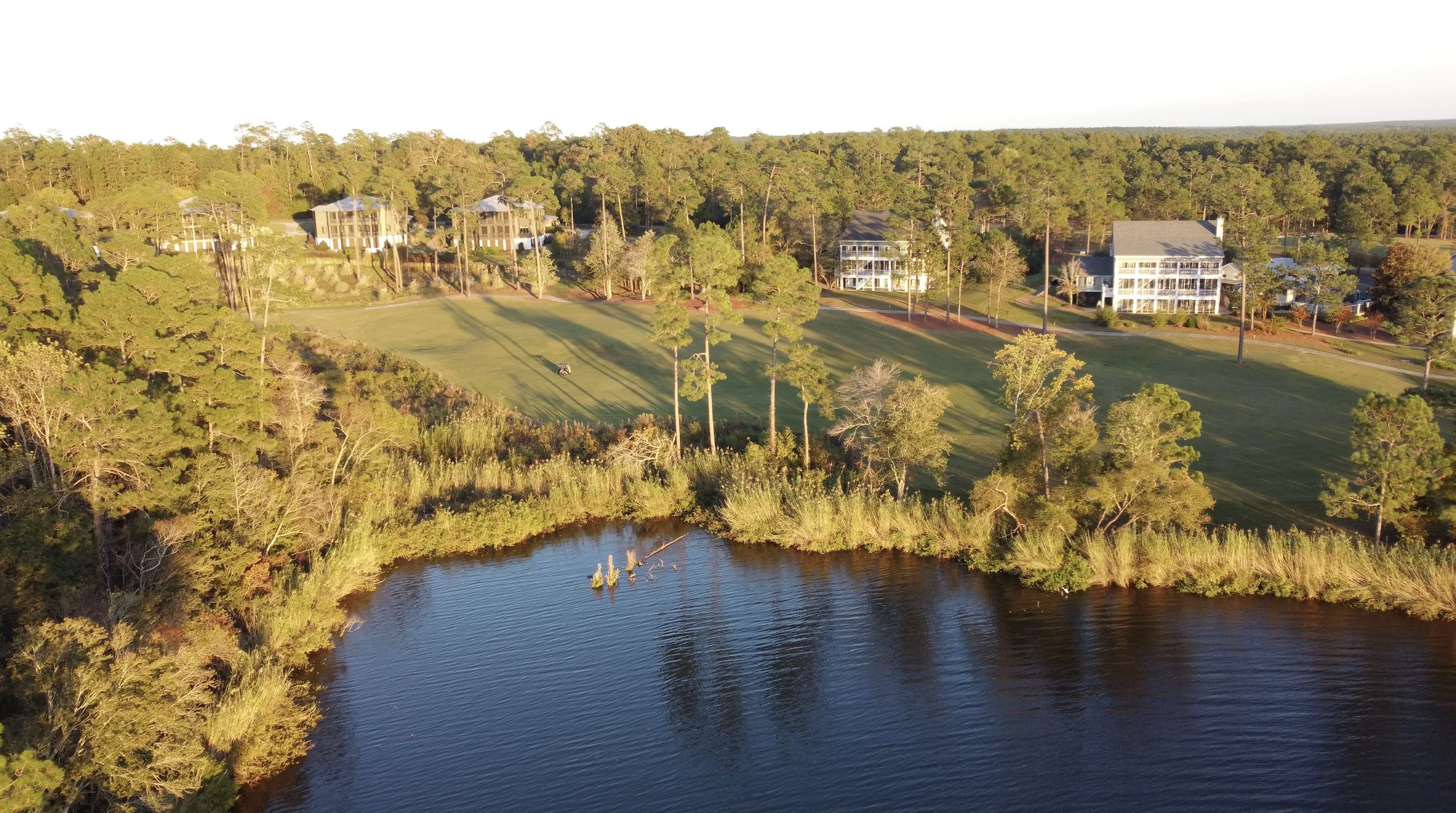Aerial view of a lake with tree-lined shoreline, adjacent to a lawn and residential houses with screened porches, surrounded by a forest.