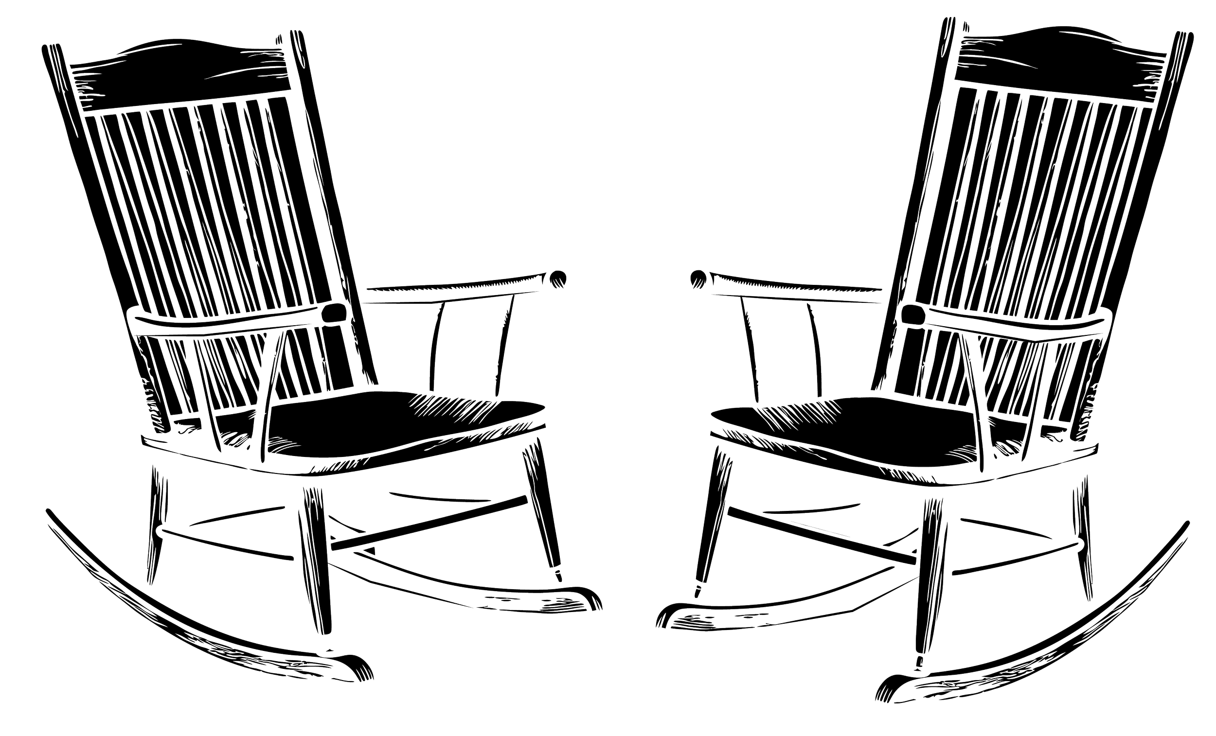 Line drawing of two rocking chairs facing each other on a black background.
