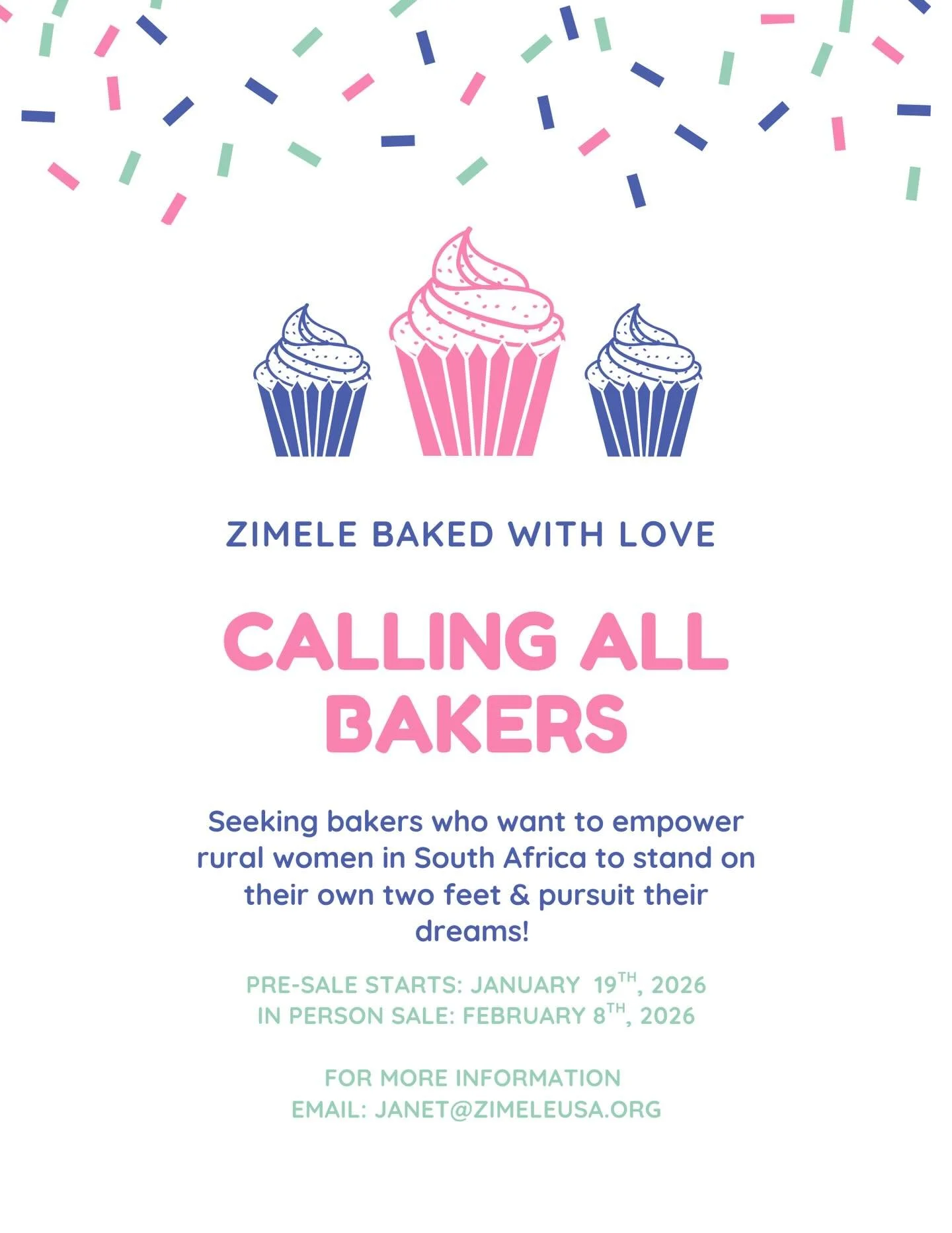 Zimele Baked with Love 🍪🍰🧁💕💗

Seeking all bakers who have a heart for women with an entrepreneurial spirit and want to empower them to stand on their own two feet! 👣

Please contact janet@zimeleusa.org to see how you can participate in this yea