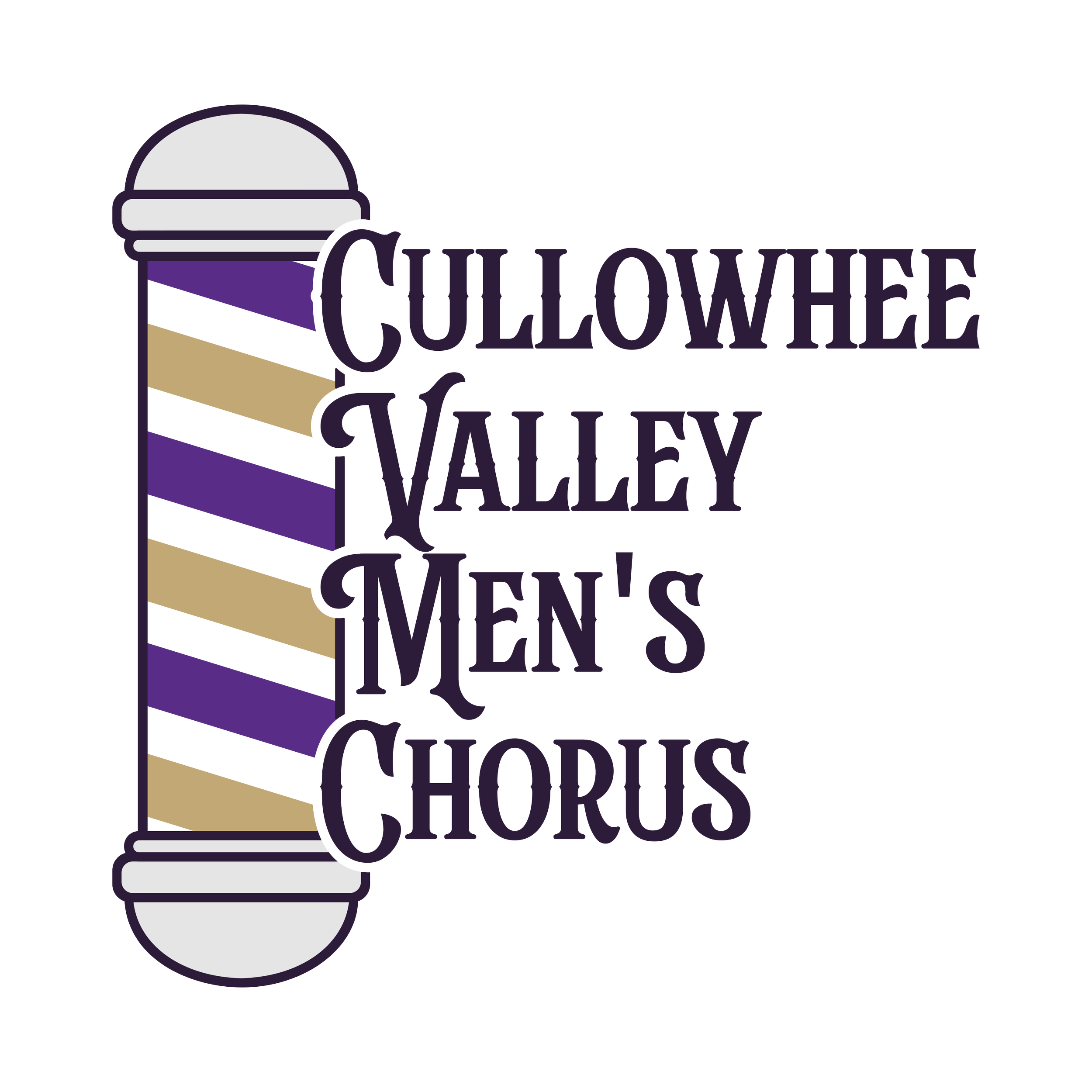 Logo for Cullowhee Valley Men's Chorus featuring a traditional barber pole with purple, black, and gold stripes, and the chorus name written over it.