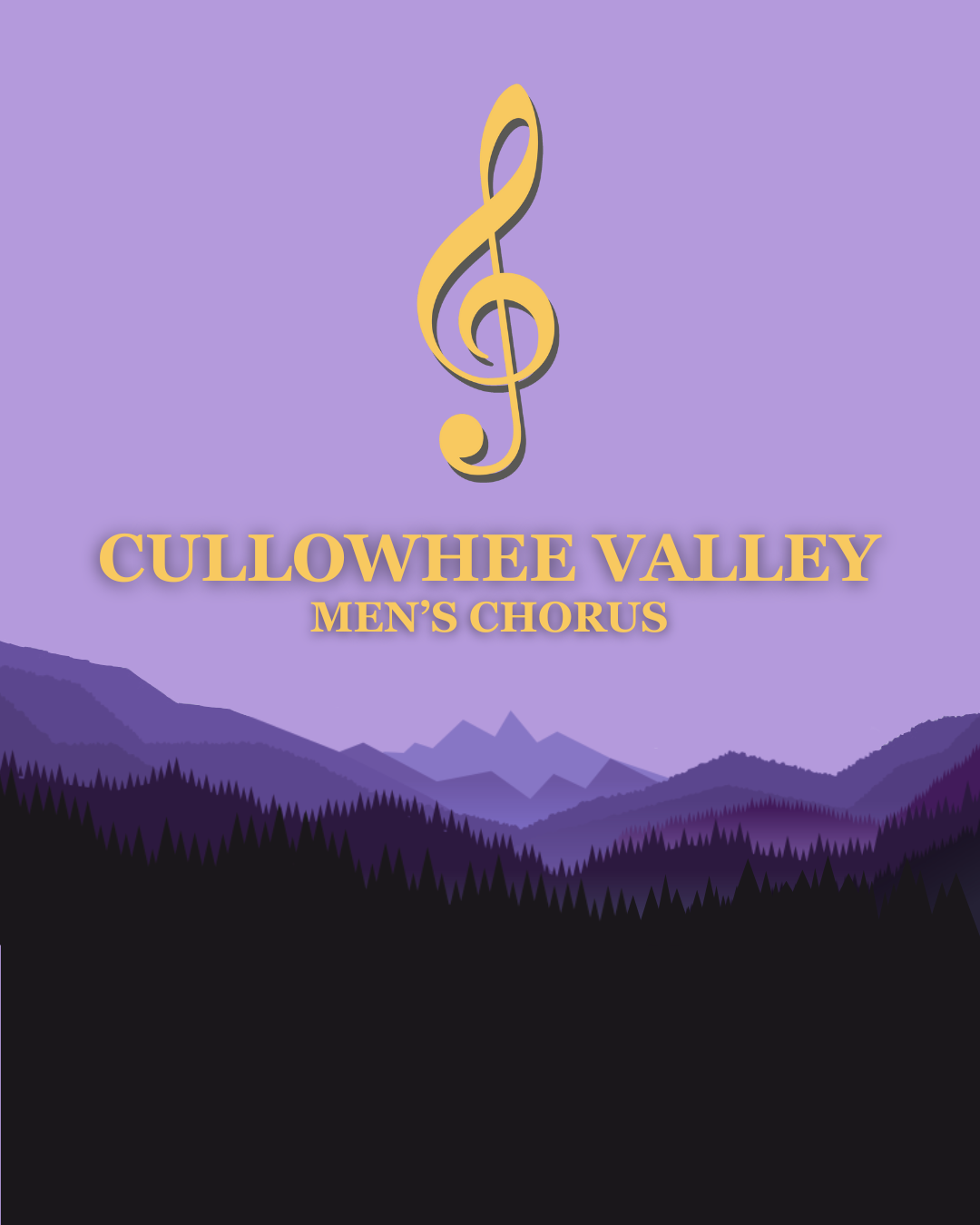 A purple background with mountain silhouettes and a golden treble clef symbol at the top. Text reads, 'CULLowhee Valley Men's Chorus.'