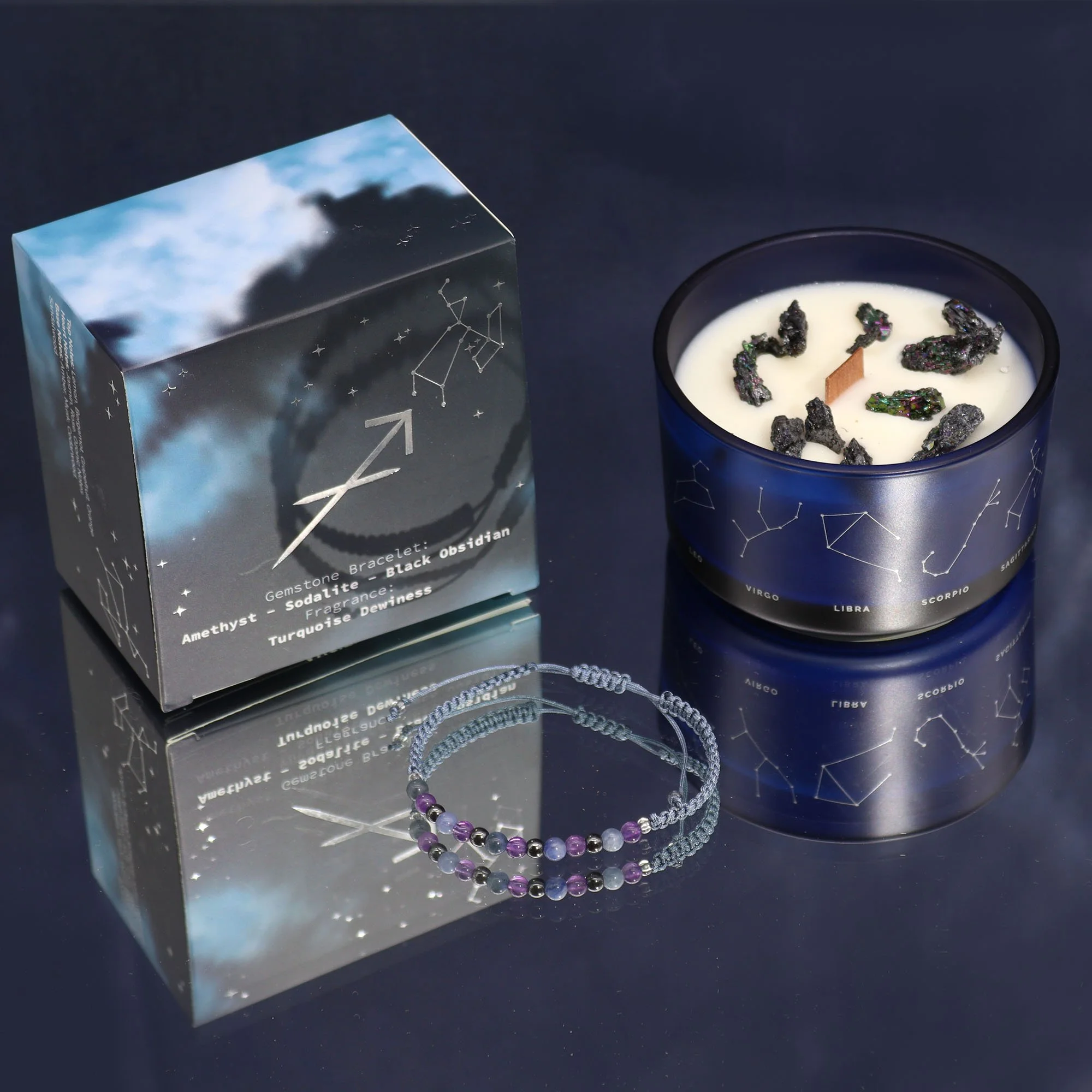 Zodiac Crystal Candles with Gemstone Bracelet

Beauty beyond words.. special midnight blue candle jars with silver embossed star sign constellations, out of this world fragrances (tested by the nose of our founder, David), Soy-wax, wooden crackle wic