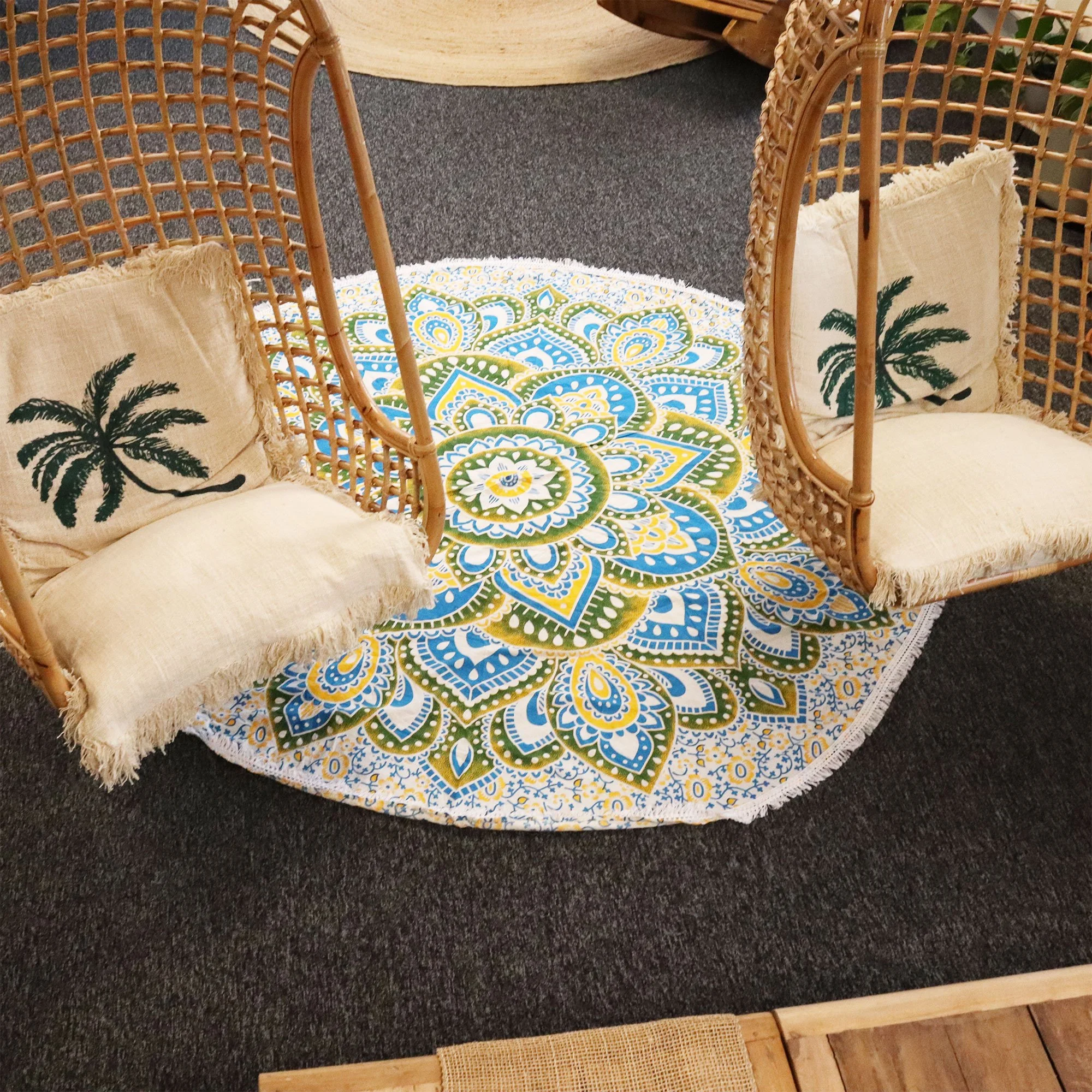 A calming blue mandala with delicate white detailing, perfect for adding a touch of peace and style to your space. The layered design creates a soft, flowing look.

Made in India and sized at 130 cm, this lightweight roundie is versatile and easy to 