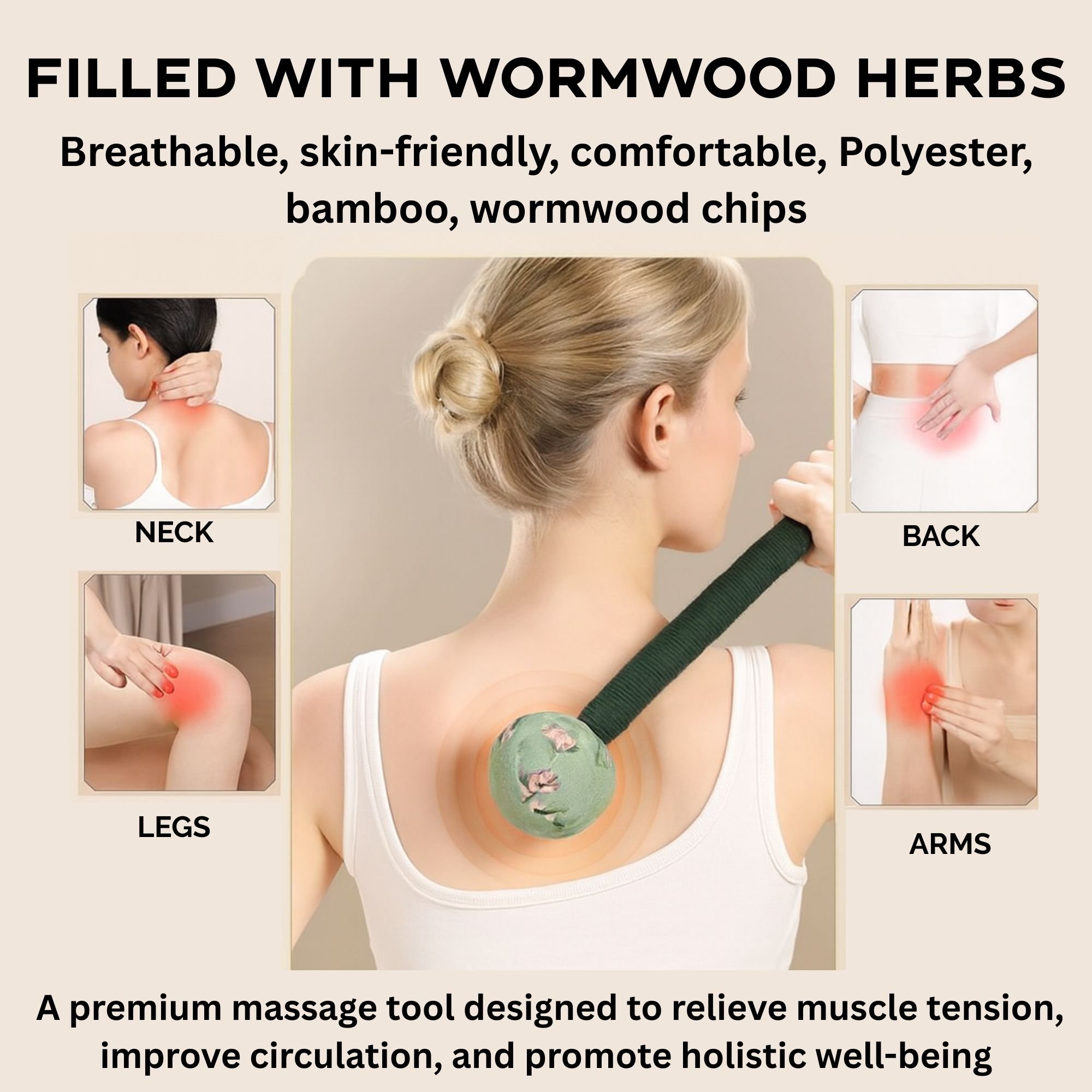 Bring relaxation to your homes with this natural collection of wooden and herbal massagers. Each tool is designed for simple, effective self-massage - from wooden rollers for feet and hands to wormwood hammers used in traditional therapy.

Made in Ch