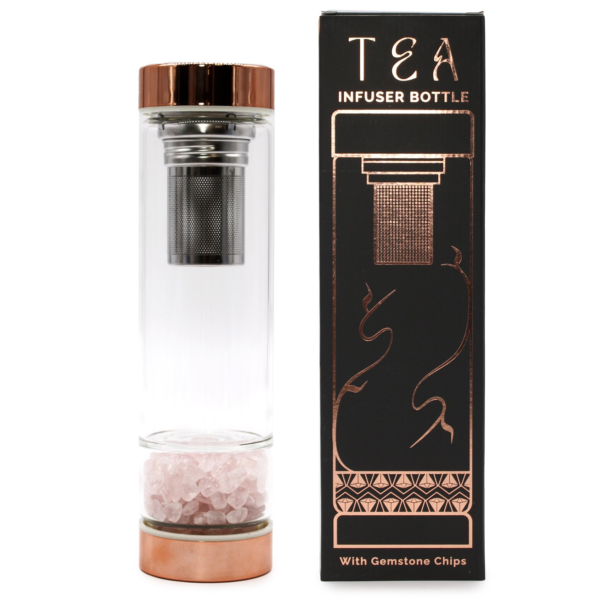 Gemstone Crystal, Glass and Rose Gold Tea Infuser Bottles.  Absolutely beautiful, on the go herbal tea or infused water bottle. 🌸

Rock Quartz - Amethyst - Red Jasper - Onyx - Rose Quartz 🌺

Crystal Glass Tea Infuser Bottles are a unique and elegan