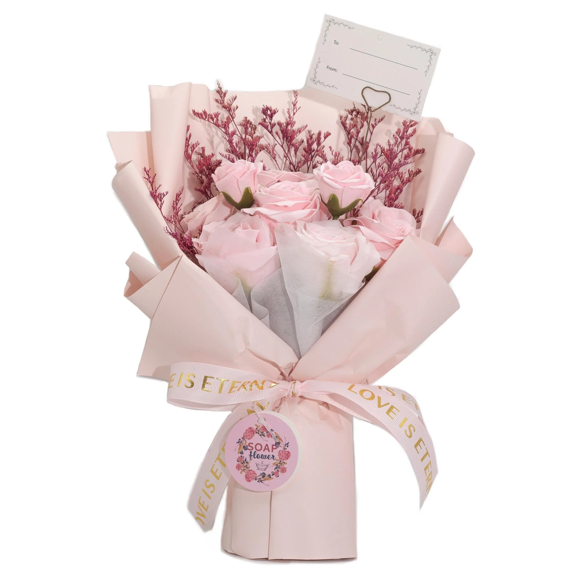 owSoft, graceful, and endlessly romantic, this bouquet of pink soap roses captures the feeling of love in full bloom. Beautifully wrapped in pale pink paper and tied with a satin ribbon embossed with &ldquo;Love is Eternal&rdquo;, it&rsquo;s a heartf