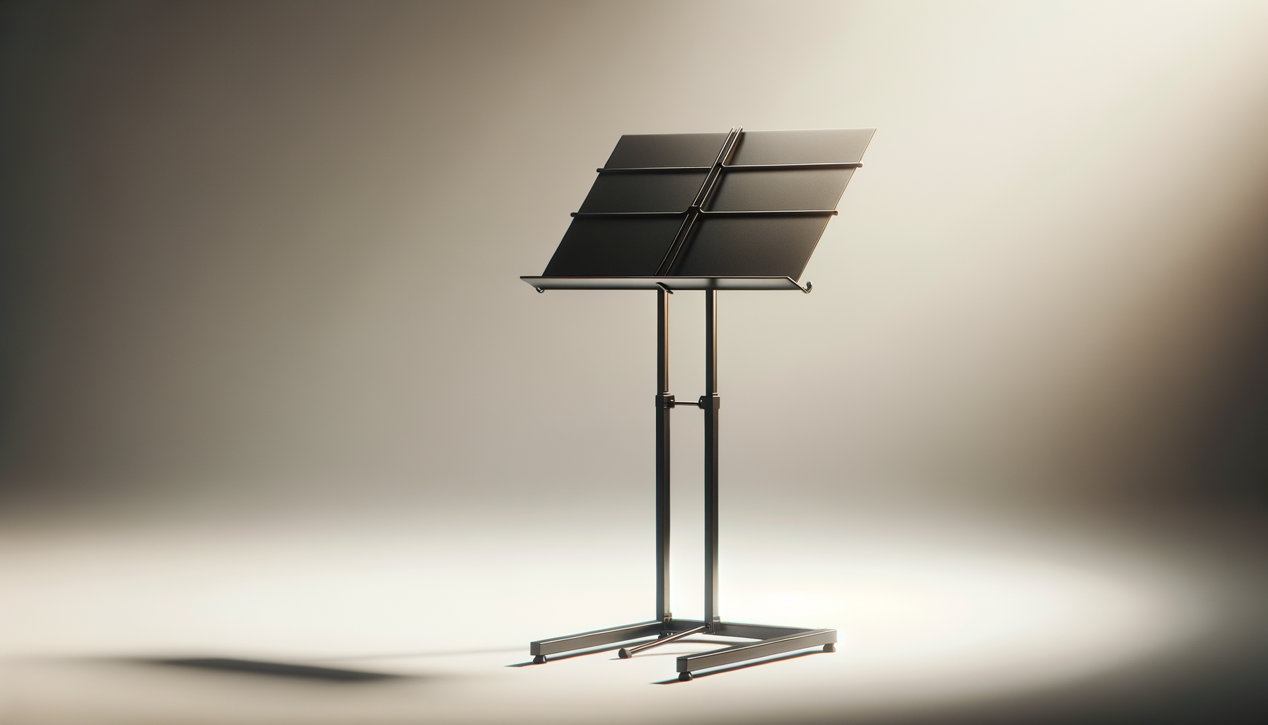 Empty black music stand with adjustable height in a studio spotlight