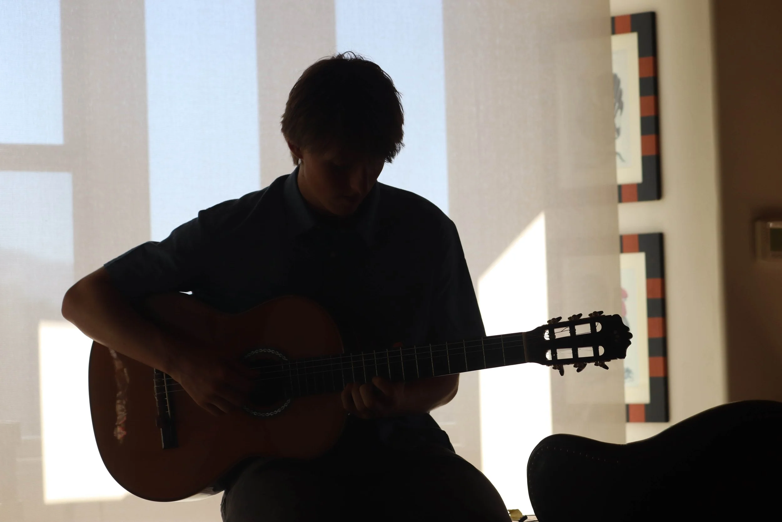 Silhouette of a person playing an acoustic guitar indoors with sunlight coming through a window, with artwork on the wall in the background.