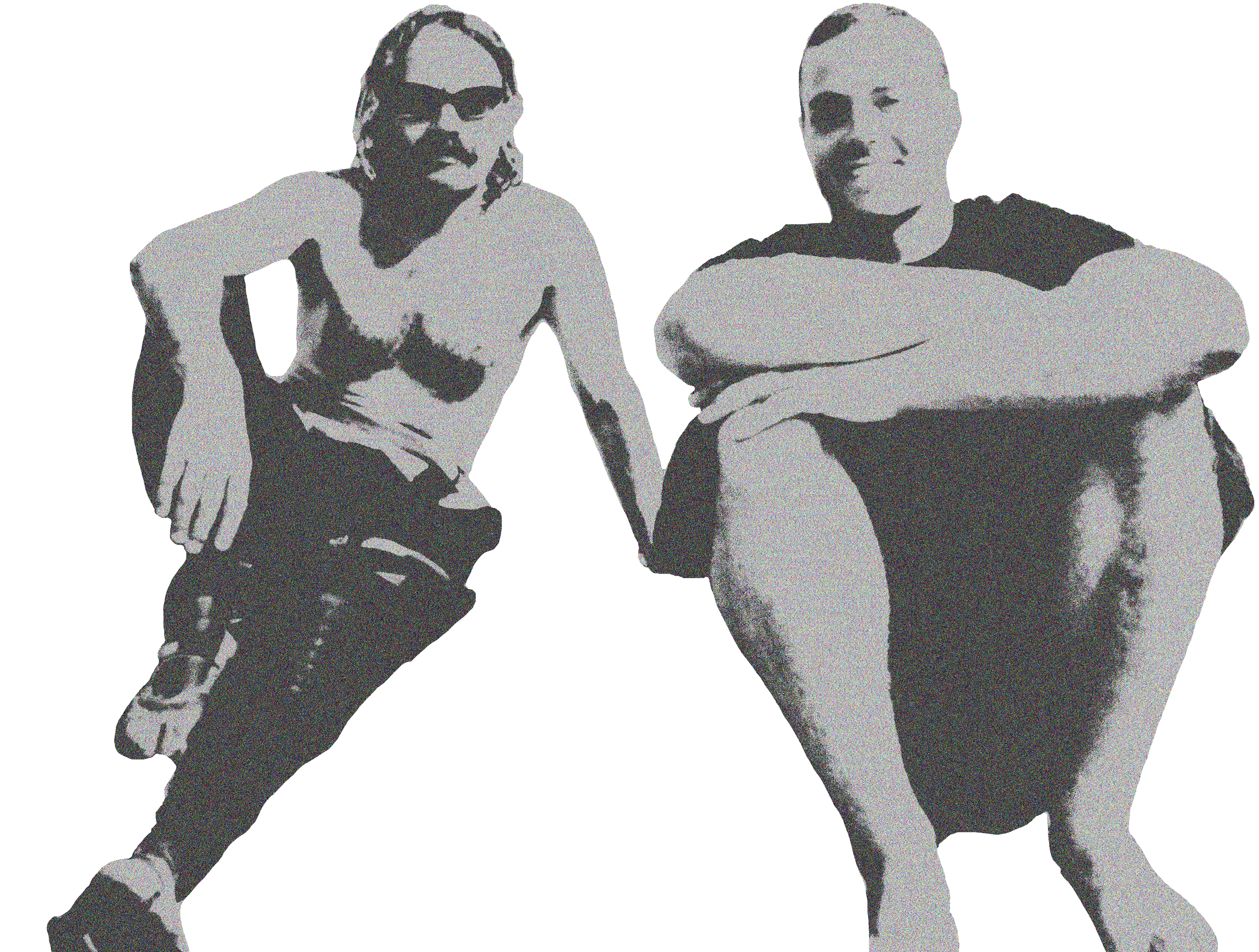 Two people sitting with one person leaning on their hand. Both are wearing casual clothing and sunglasses.