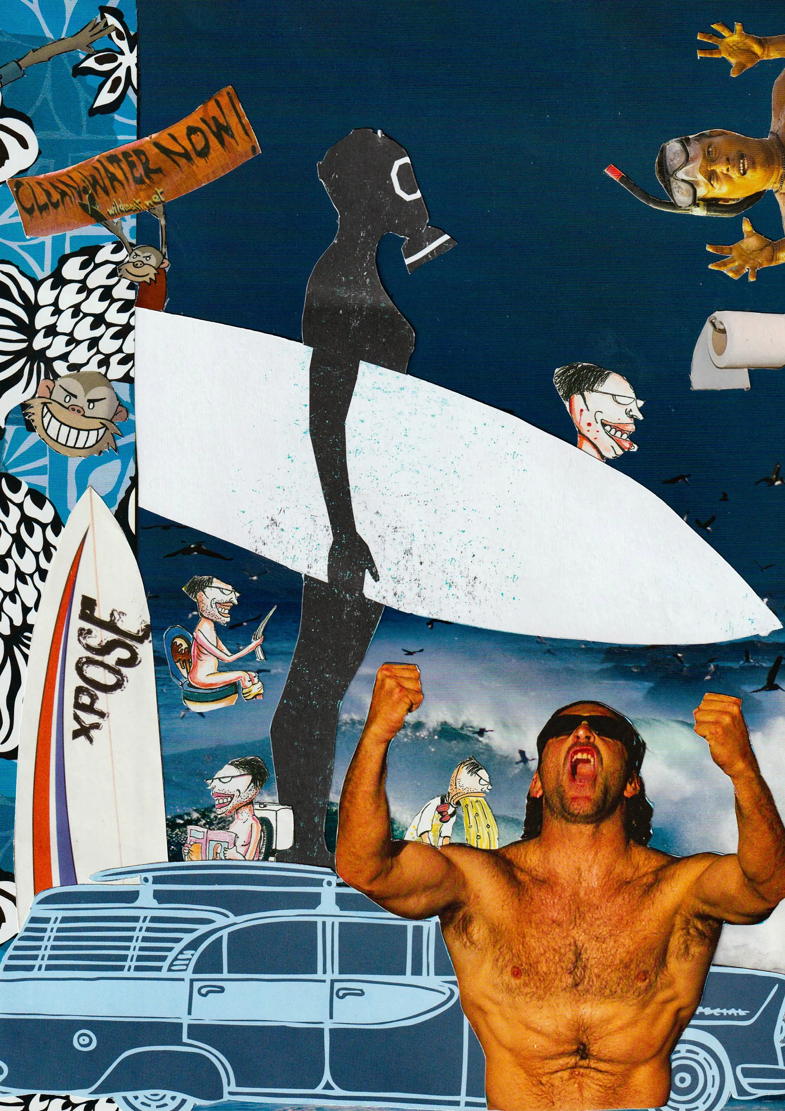 A collage featuring various cartoon and photographic elements, including a shirtless man flexing with arms raised, cartoon characters with exaggerated faces and expressions, a surfboard with the word "POX" on it, cars, a person with snorkeling gear, and a sign saying "Clean Water Now". The background includes a dark, cloudy sky and numerous flying birds.