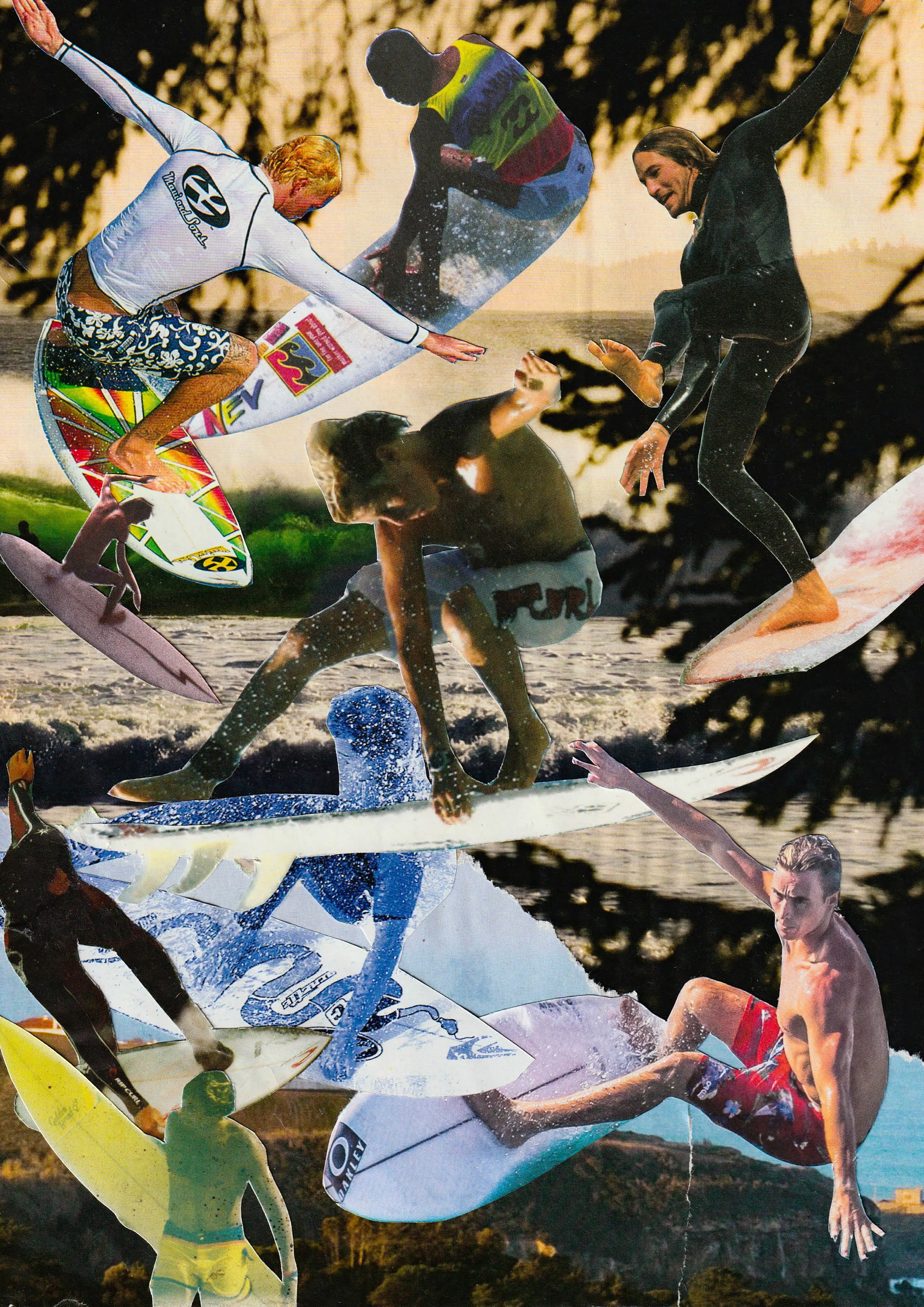 Collage of surfers and surfers in various poses with surfboards, set against a sunset background with trees and water.