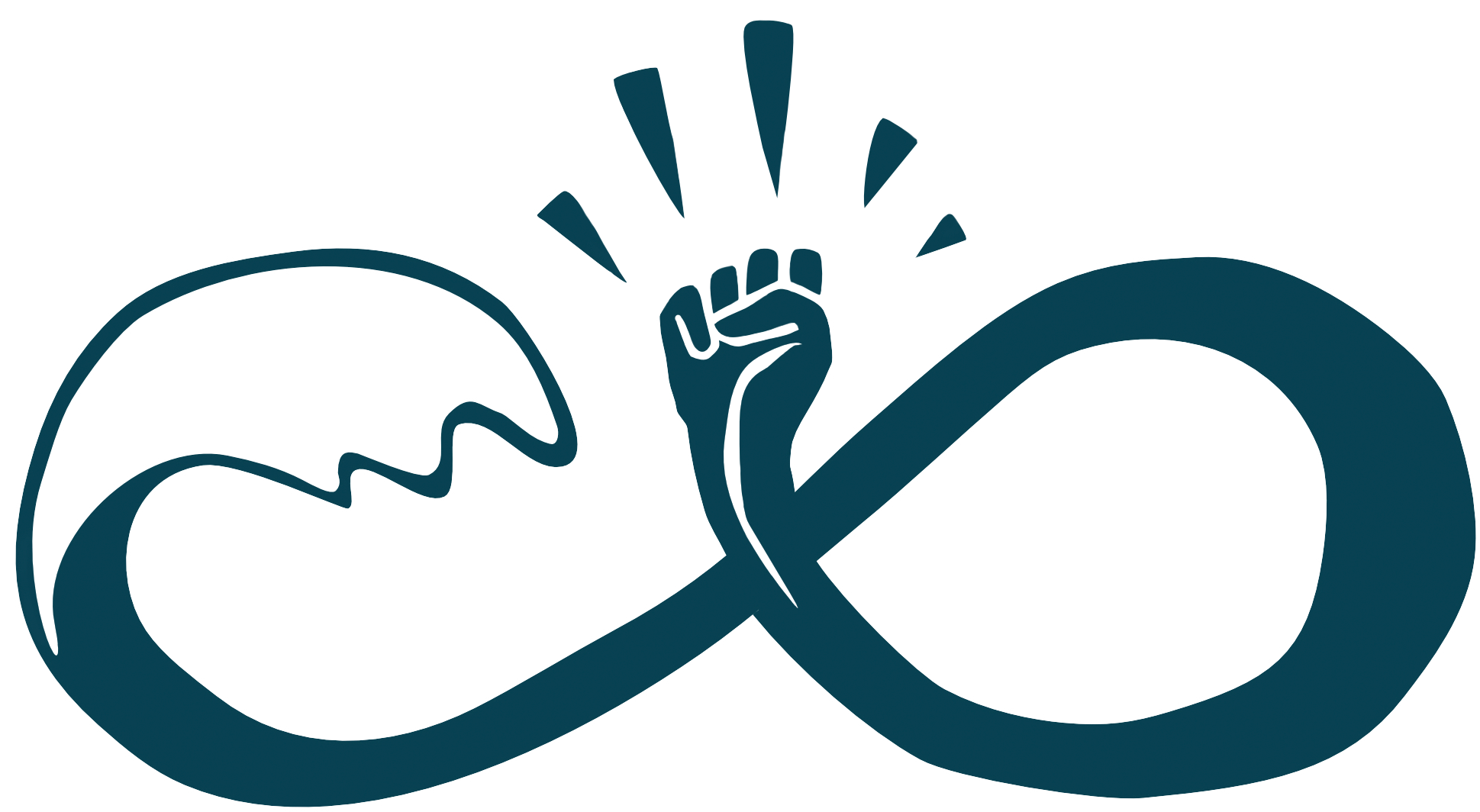 A stylized black and blue graphic of a human face in profile with a raised fist emerging from the forehead, intertwined with an infinity symbol.