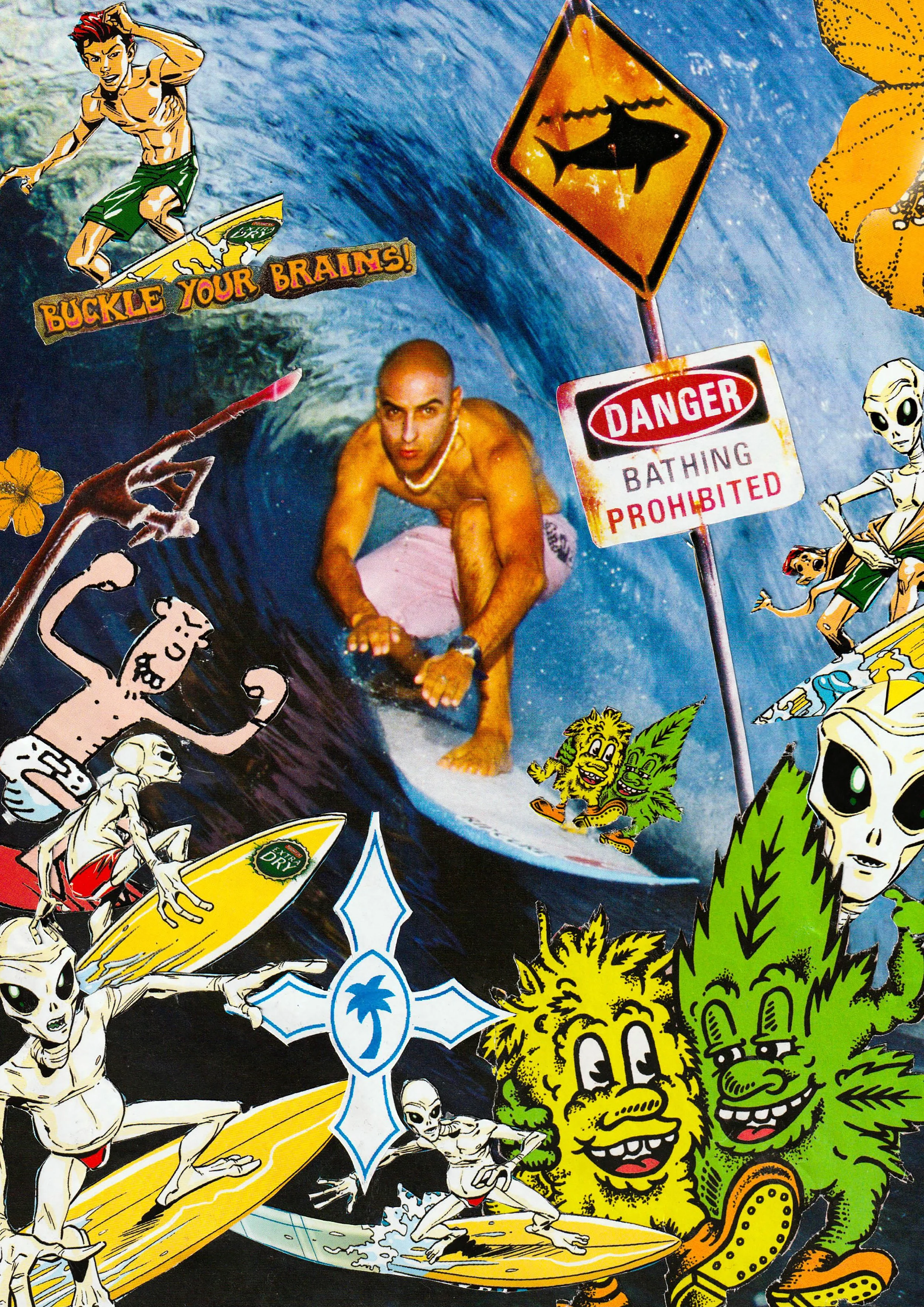 Colorful collage featuring cartoon characters surfing and lounging, with a male scuba diver in the center emerging from the water. The background depicts a large ocean wave with a warning sign that reads 'Danger Bathing Prohibited' and other smaller signs. The cartoon characters include skeletons with surfboards, funky creatures, and playful figures, with vibrant and whimsical design elements.