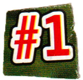 Patch with '#1' text in red and white on a green background