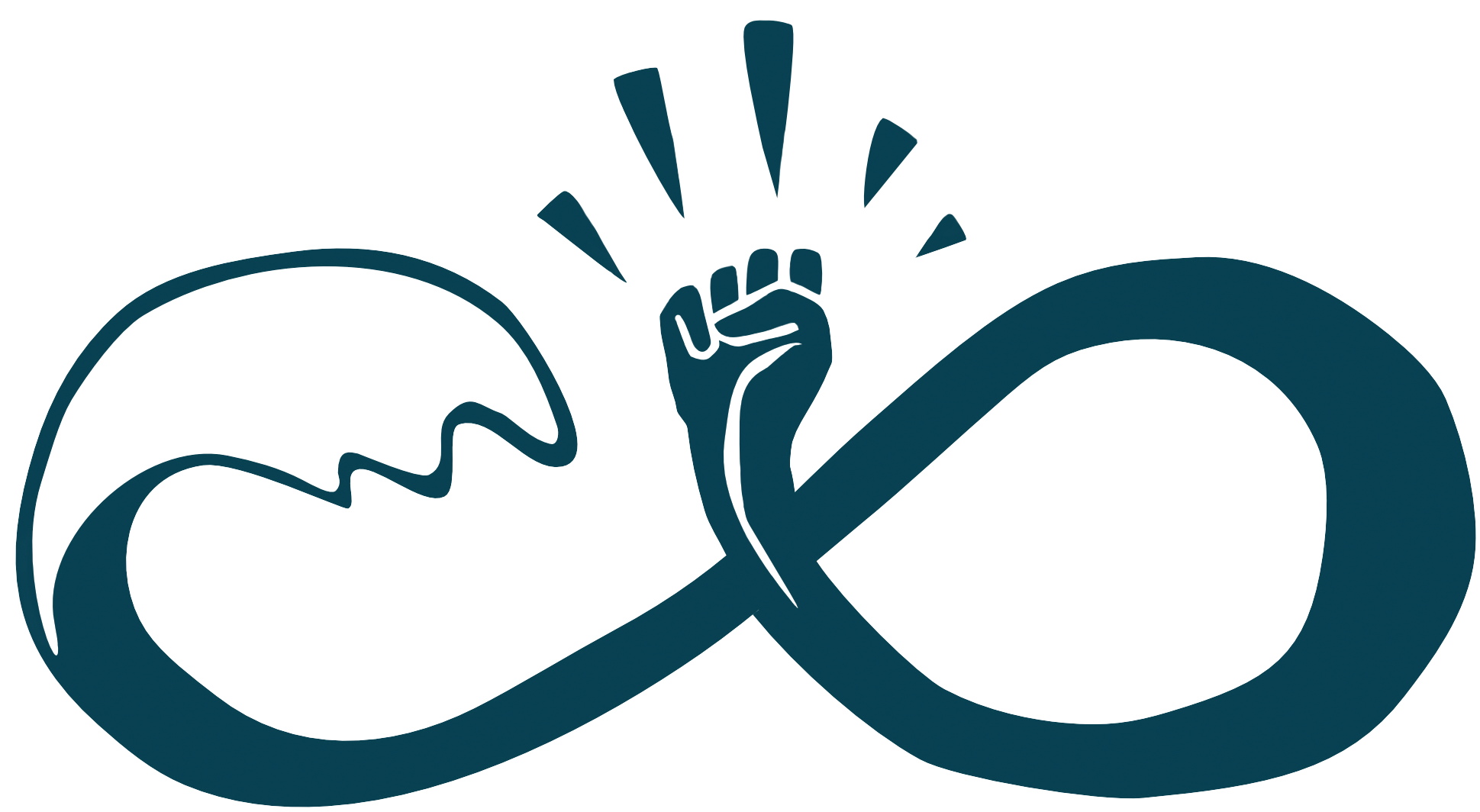 An infinity symbol with a human face on the left side and a clenched fist on the right side, with lines representing motion or impact.