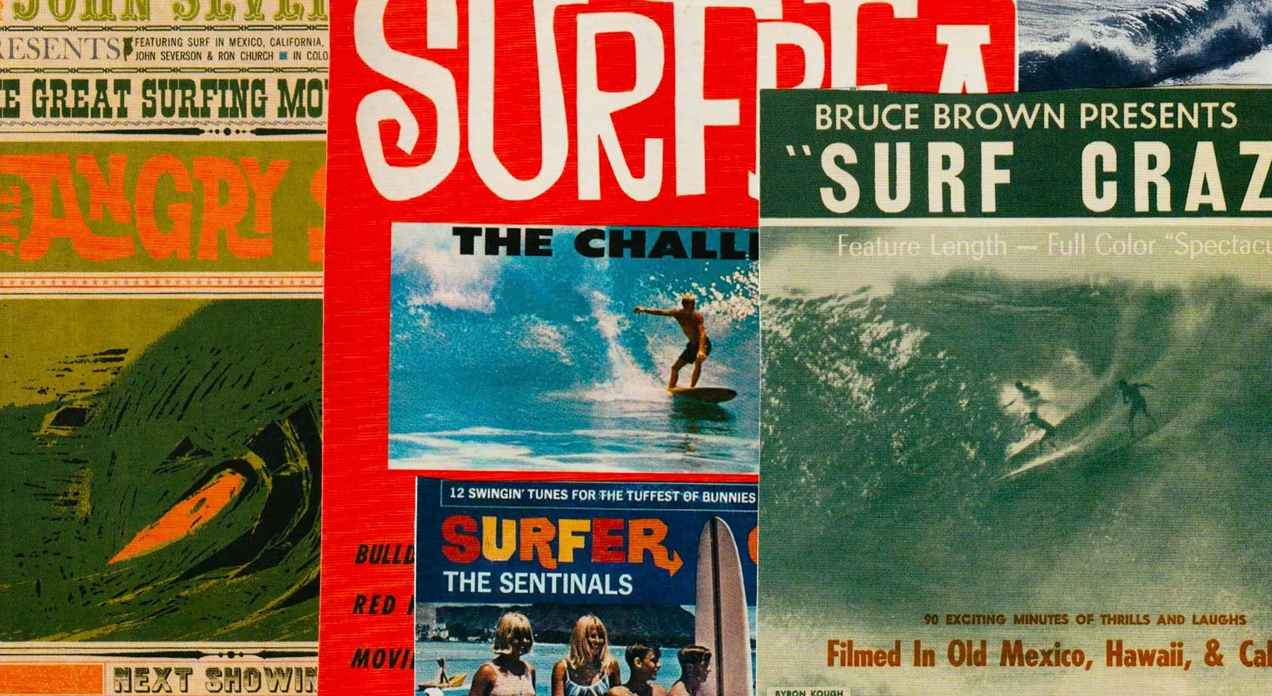 Collage of vintage surf movie posters, including titles and images of surfers and ocean waves.