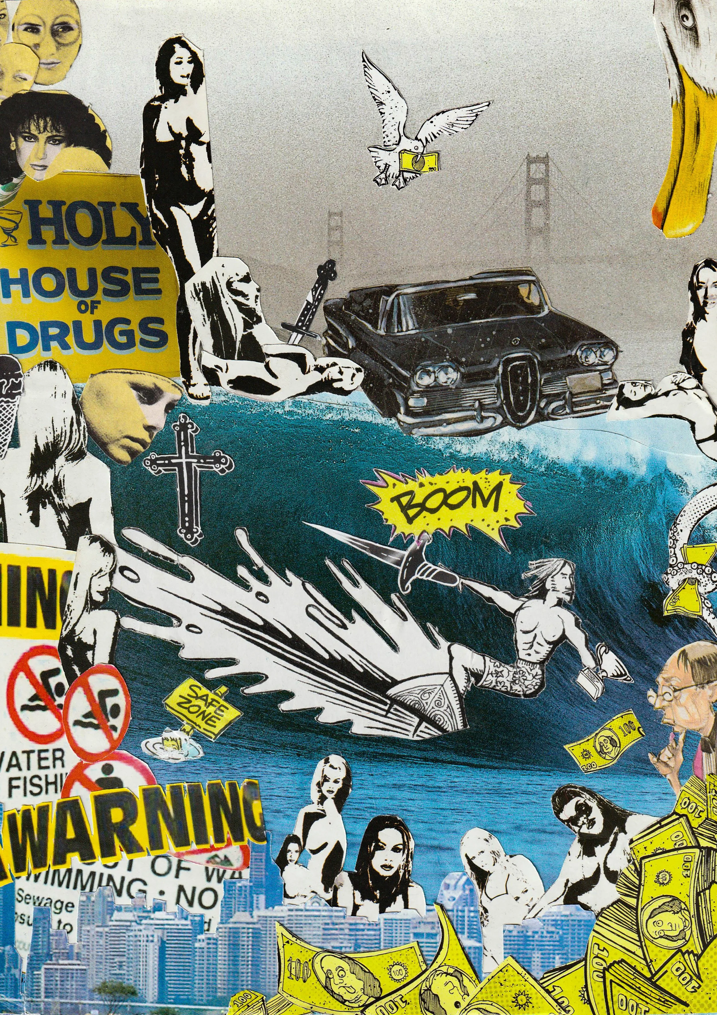 A collage featuring pop art style images including women, a cross, a car, a surfer, and various pop culture symbols such as comic book style words 'BOOM', 'WARNING', and dollar bills, with a city skyline at the bottom.
