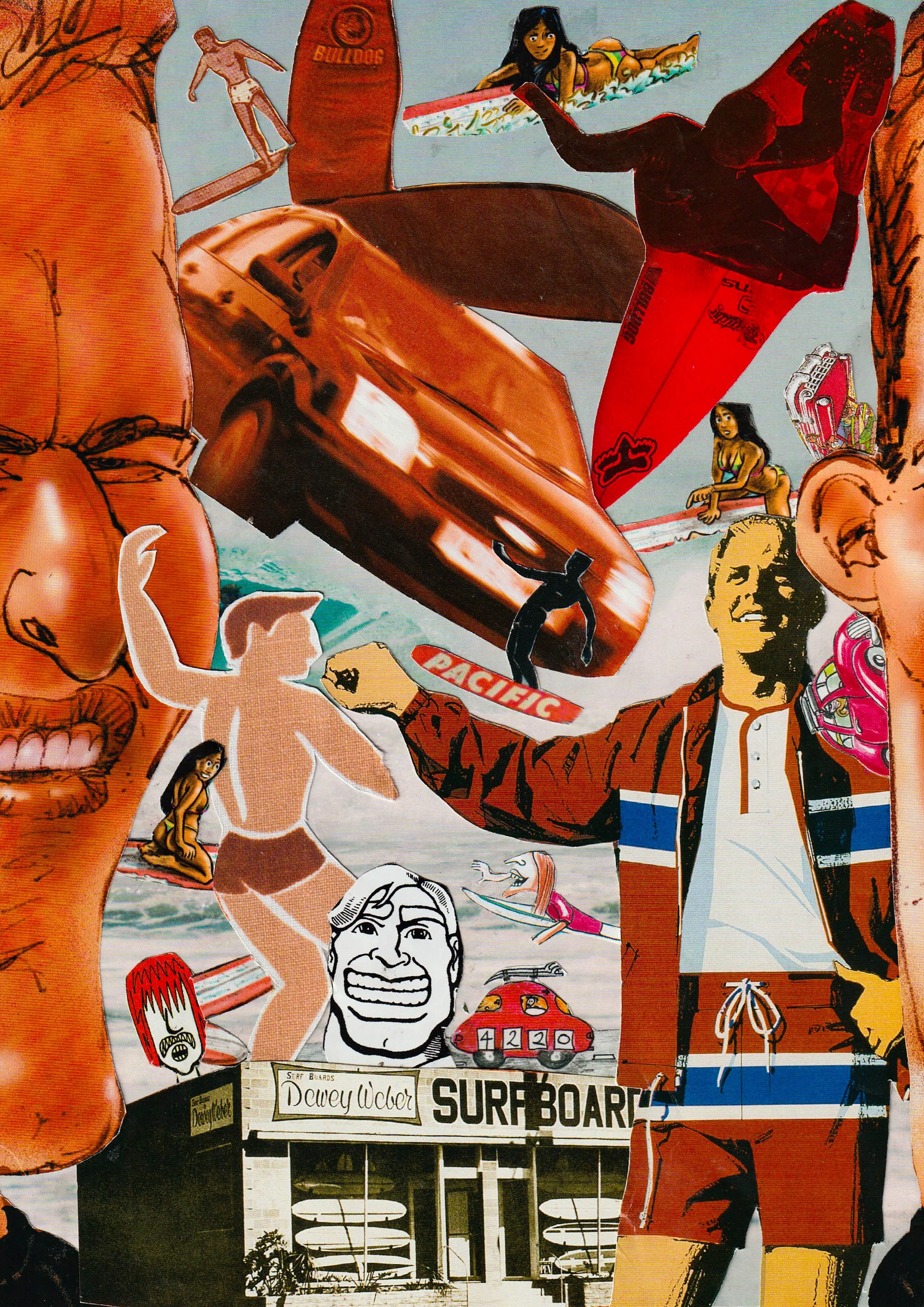 A collage featuring a variety of surfing and beach-related stickers and illustrations, including a surfboard shop sign, cartoon characters, a car, and images of people relaxing at the beach.