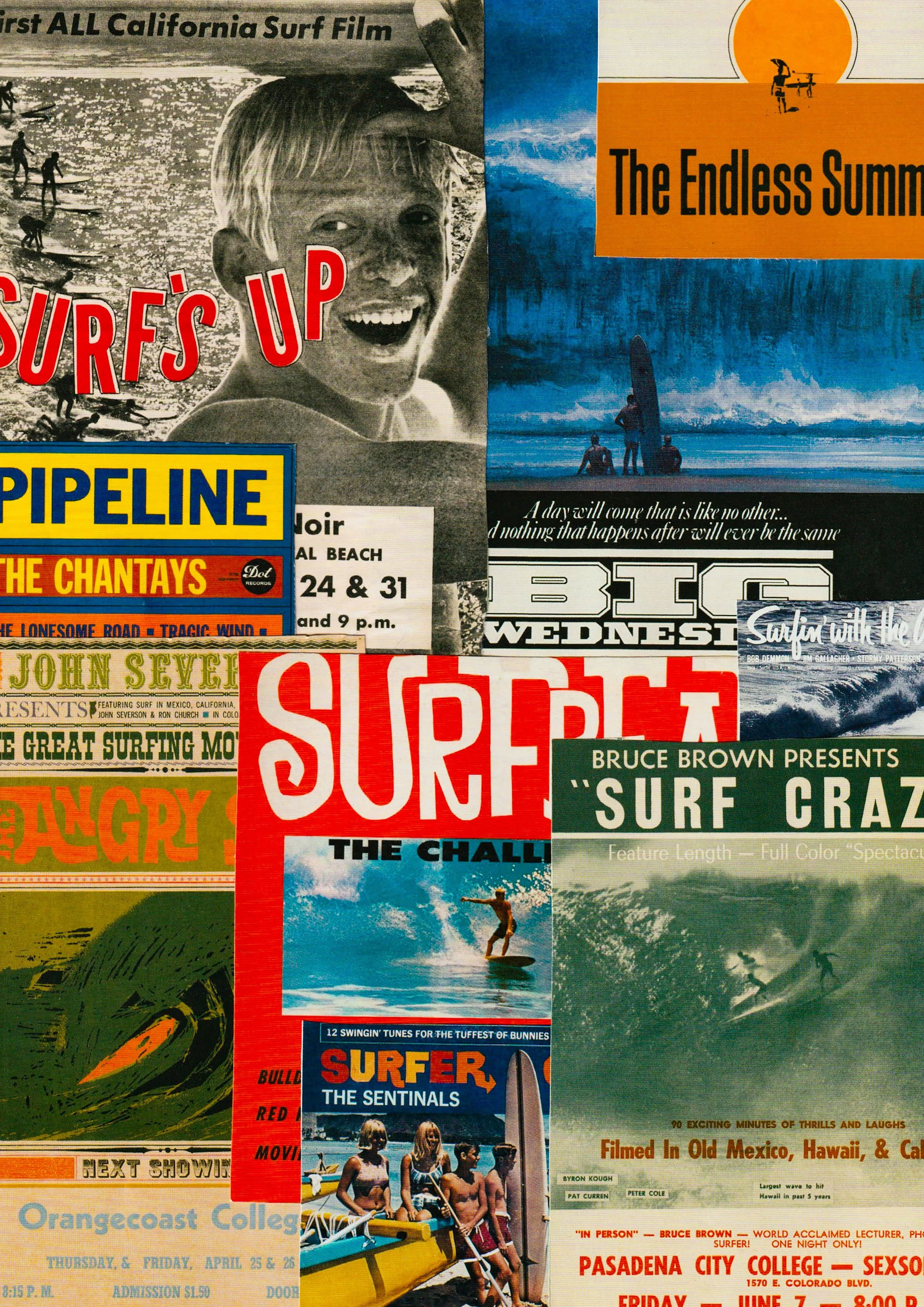 A collage of vintage surfing movie posters and promotional flyers, featuring images of surfers, beach scenes, and promotional text about surf films and events.
