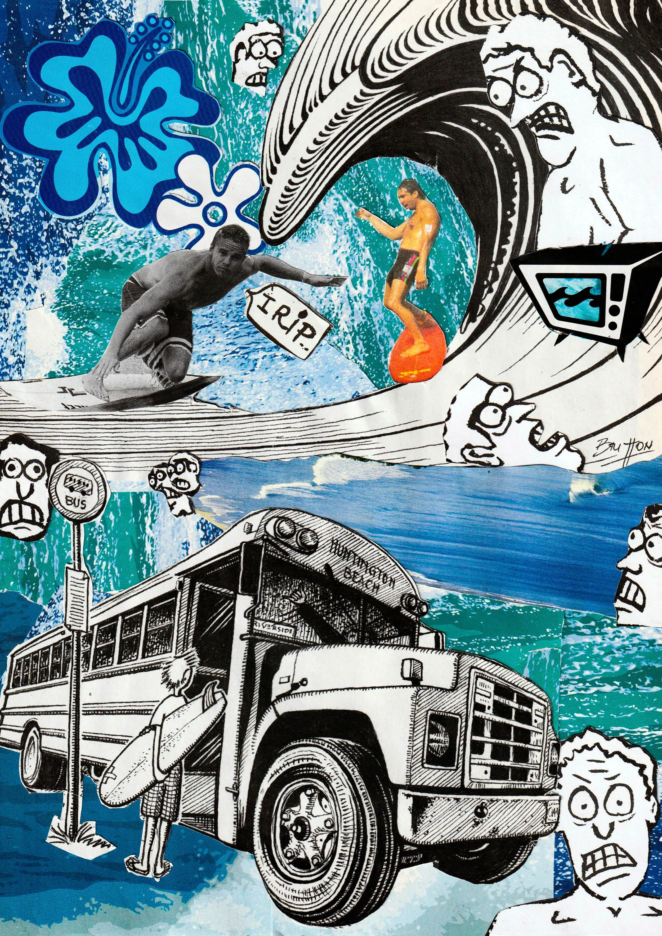 A collage featuring a black and white drawing of a bus and a person with a surfboard waiting at a bus stop, mixed with colorful photos of people surfing and cartoon-style illustrations of faces and waves, creating a vibrant and chaotic beach scene.