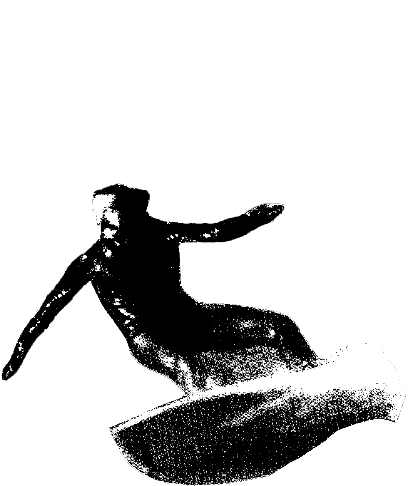A black and white image of a person with long hair, surfing on a board cut out with a dark background.