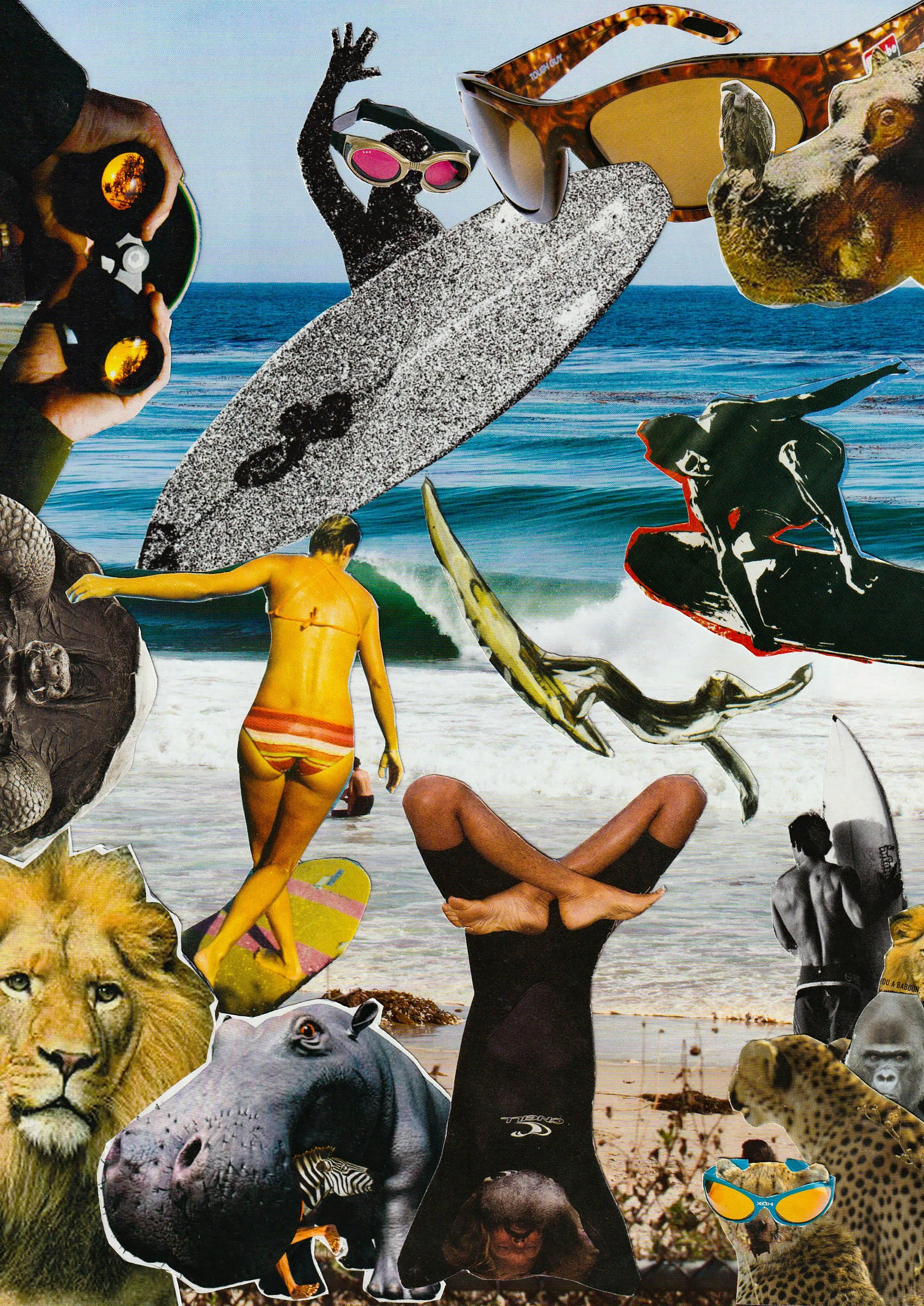 A collage of various images on a beach background, including a person with a yellow body, animals such as a lion, hippopotamus, leopard, and dog, as well as objects like sunglasses, a surfboard, and a woman in a black outfit doing a handstand.