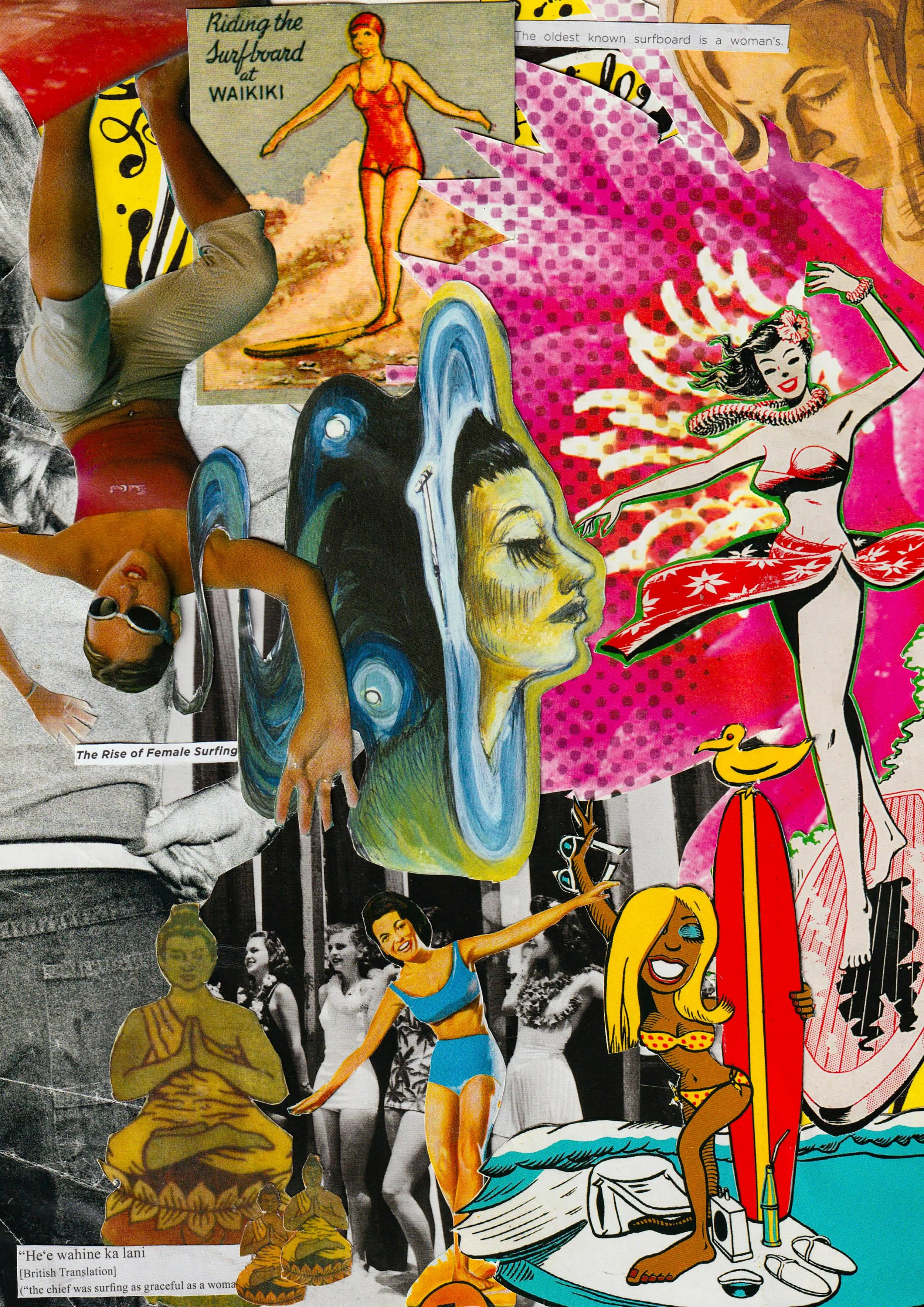 A collage of colorful, vintage-style illustrations and photographs depicting women surfing, dancing, and meditating, with text labels such as "Riding the Surfboard at Waikiki" and "The Rise of Female Surfing." Includes images of women in swimsuits, a woman with a surfboard, a man meditating, and abstract artistic elements.