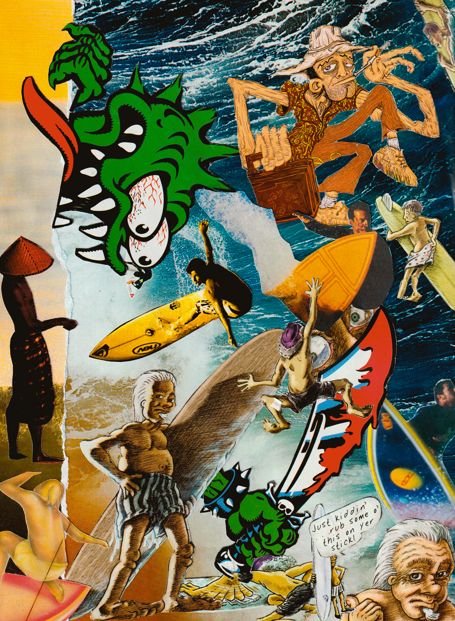 A collage of vintage surfing and beach scenes with cartoonish and realistic figures, including images from vinatge surf magazines.