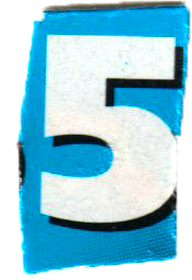 Close-up of a torn blue card with the number five printed in large black font.
