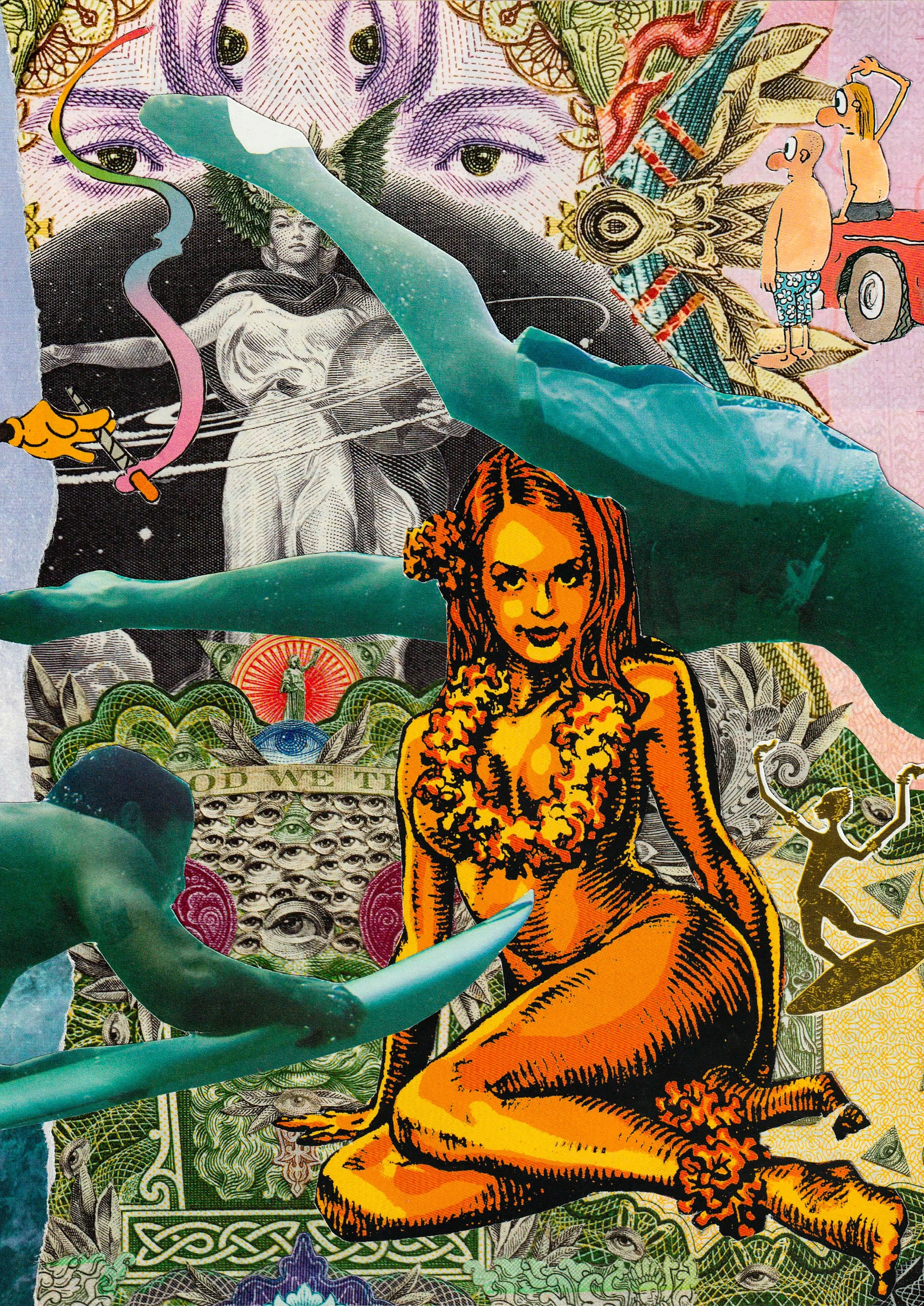 Collage of various artistic images, including a blonde woman with a lei, anatomical sketches, eyes, mythical creatures, and colorful abstract patterns.