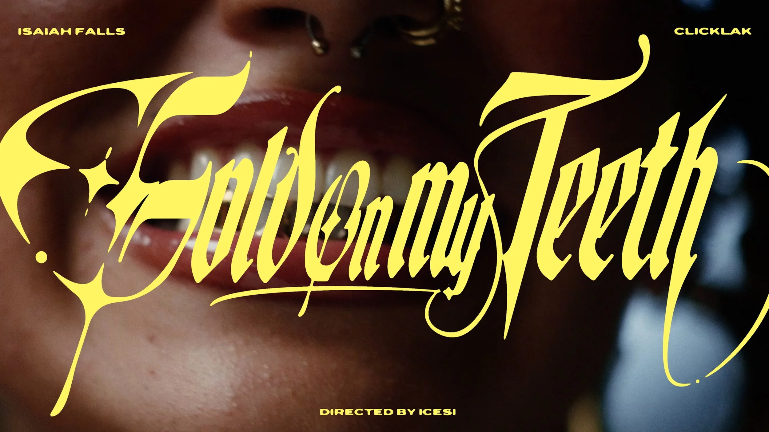 Close-up of a person's lips with a large yellow stylized text overlay that says 'Evil Never Sleep,' and small text at the top left corner that reads 'Isaiah Falls,' with additional small text at the top right corner that says 'Clicklak,' and bottom center that states 'Directed by Icesi.'