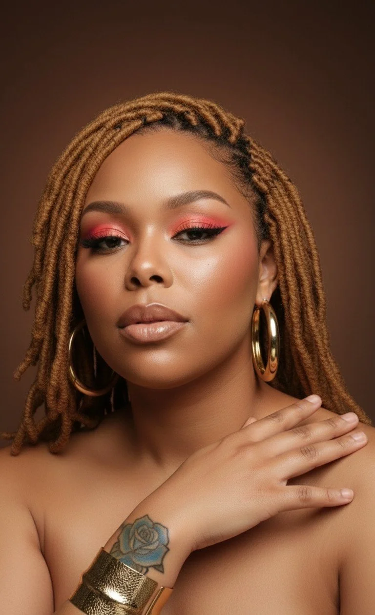 Portrait of a woman with dreadlocks, wearing gold hoop earrings and a gold bracelet, against a brown background.