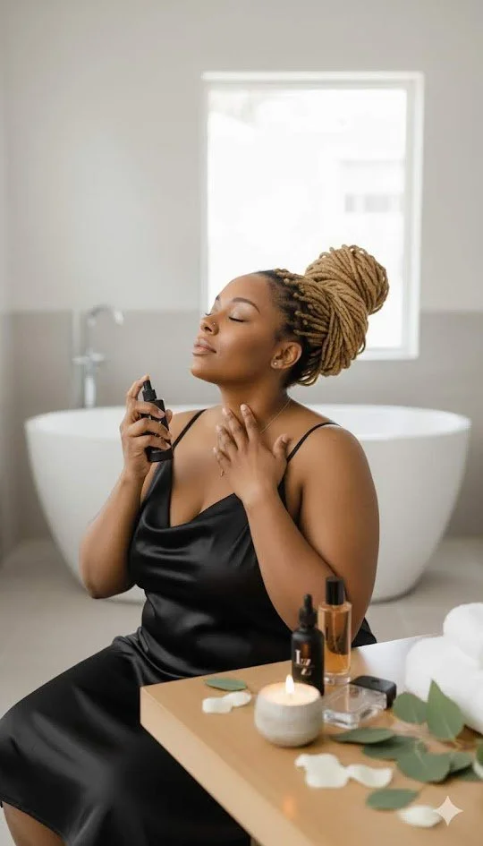 A woman with blonde dreadlocks in a bun is relaxing in a bathroom, applying facial spray with her eyes closed. There are skincare products, a candle, and eucalyptus leaves on the table in front of her.