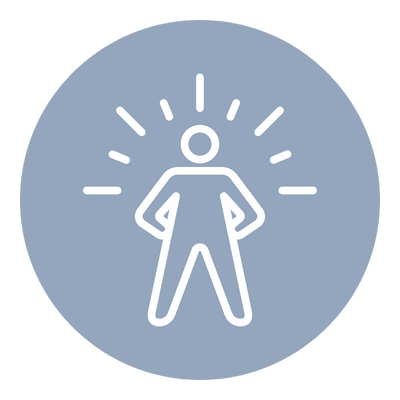 Line drawing of a person with rays emanating from behind them on a blue circular background.