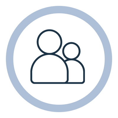 Icon of two simplified human figures, representing a group or community, within a circular border.