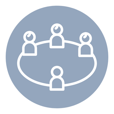 Icon of four people connected in a circle, representing a group or team collaboration.