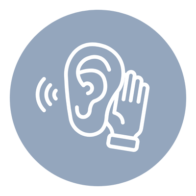 Icon of a person listening with a hand cupped around their ear