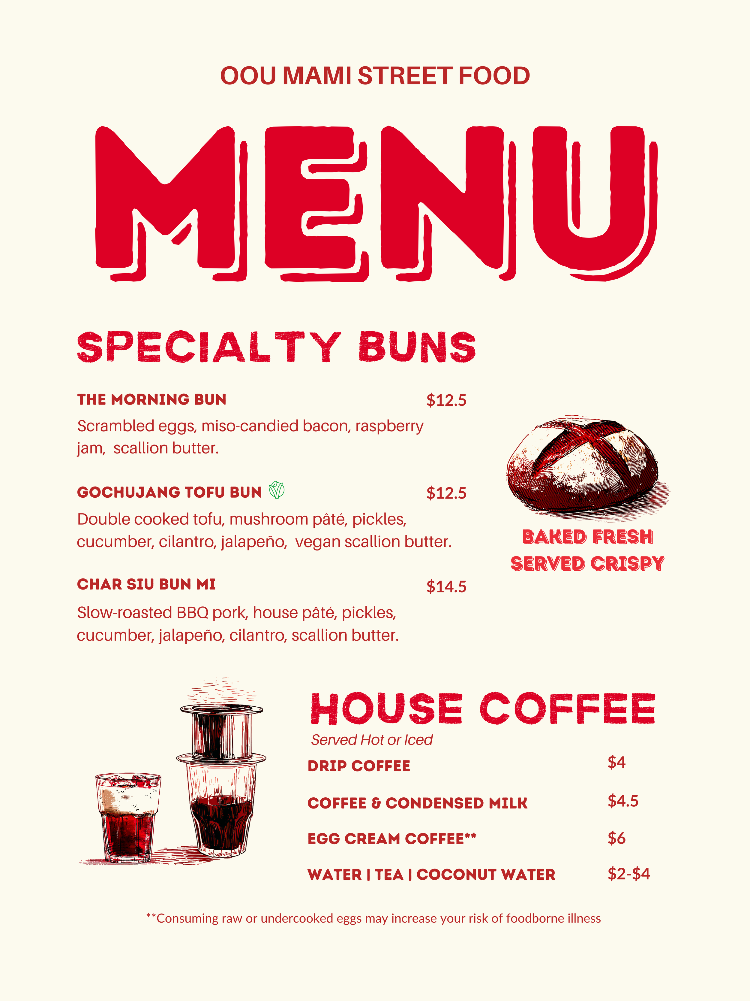 Menu  OOU MAMI Street Food restaurant featuring specialty buns and house coffee, with illustrations of buns and coffee drinks.