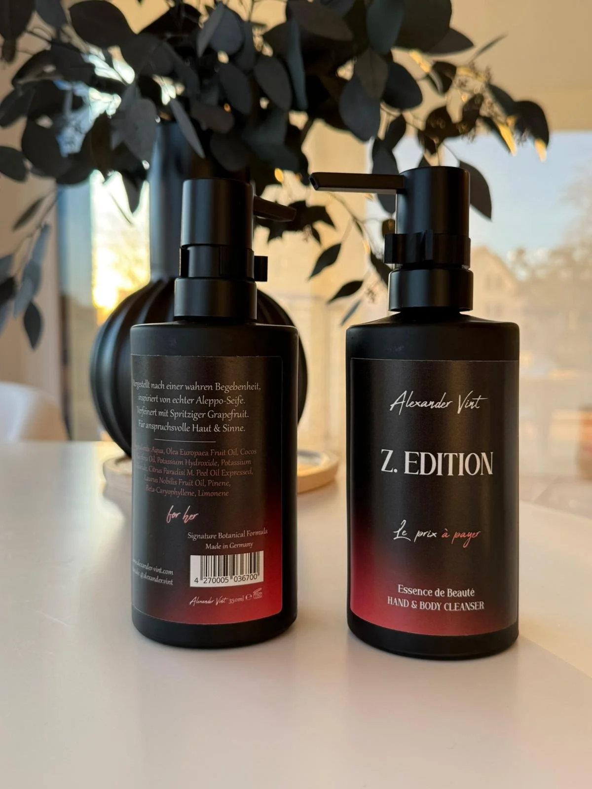 Zwei schwarze Flaschen mit Hand- und Körperreinigung, eine mit Pumpspender, vor einem Fenster mit Pflanzen im Hintergrund.