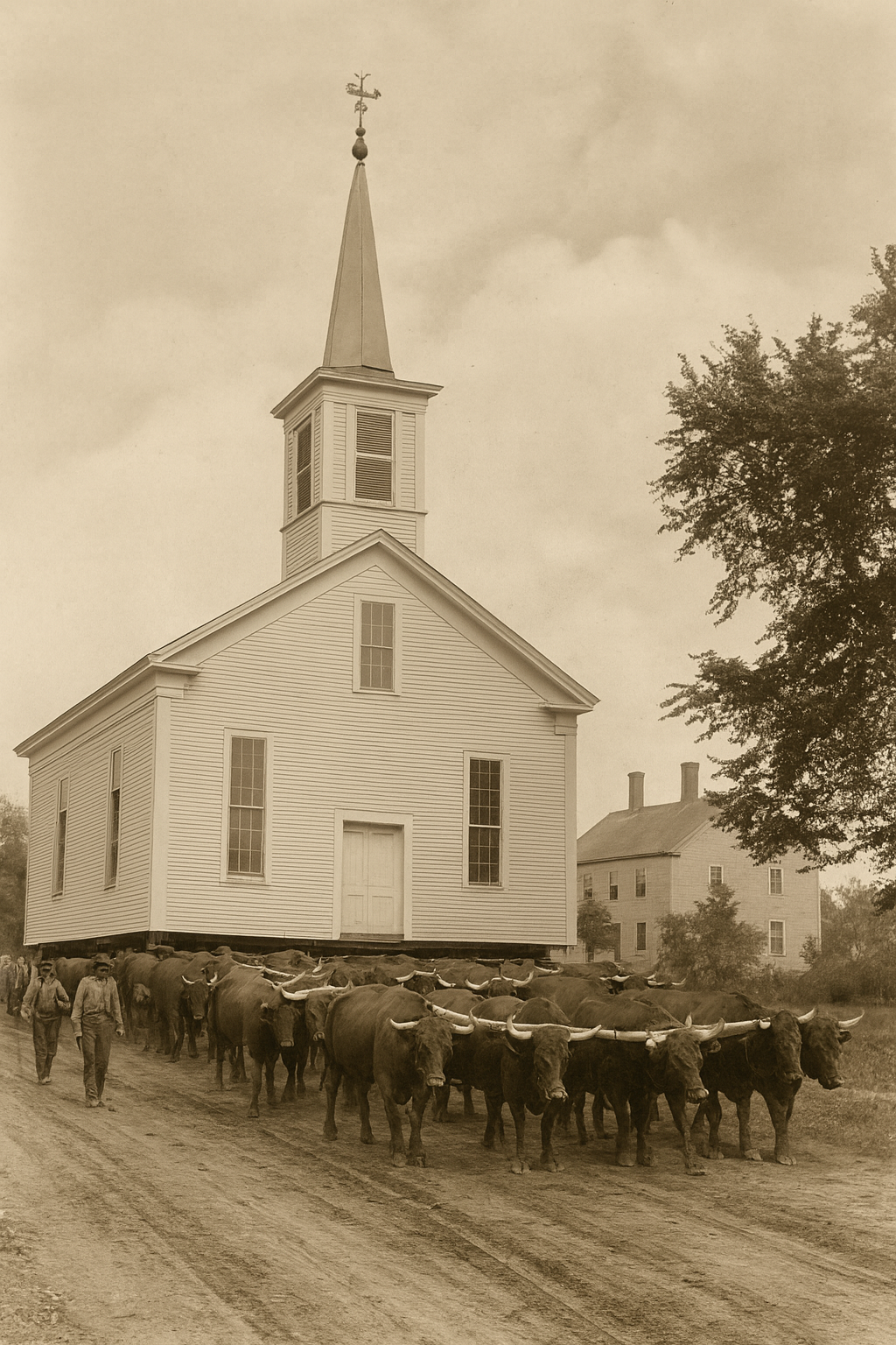 A group of oxen pulling a church building on a dirt road in a rural setting with a large house in the background, sepia tone photograph.