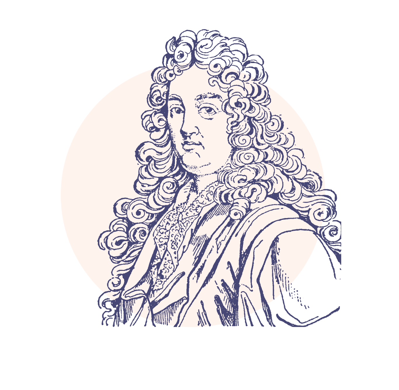 Line drawing of a man with long, curly hair, wearing historical clothing, inside a white circle on a black background.
