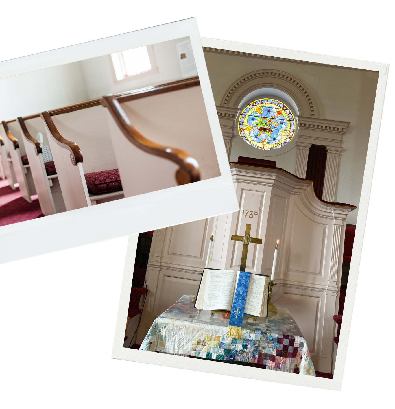 Interior of a church with white walls, a stained glass window, a wooden altar with a cross, an open Bible, and a quilted cloth. Several pews with red cushions.
