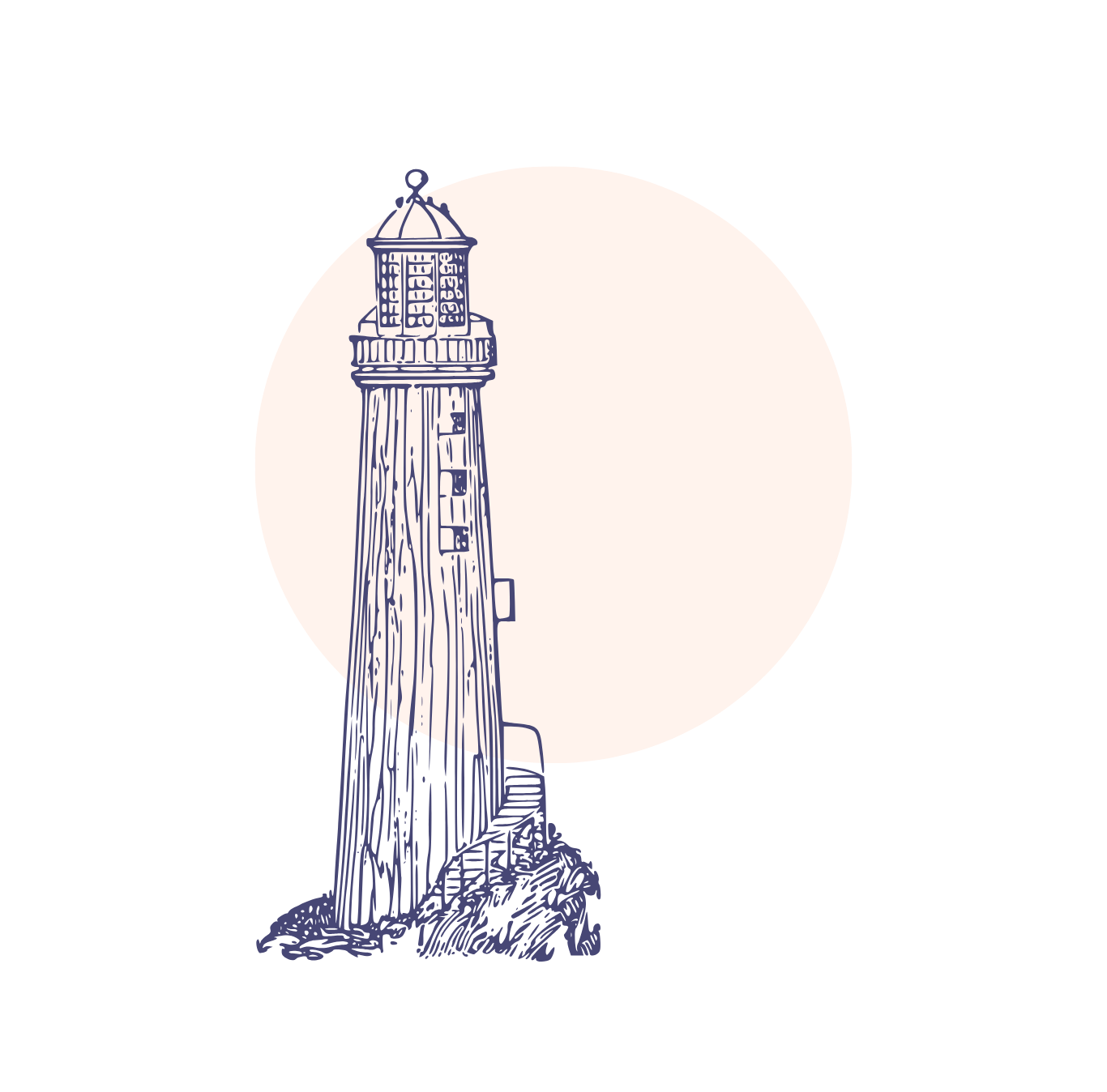 Line drawing of a lighthouse against a large pale full moon on a black background.