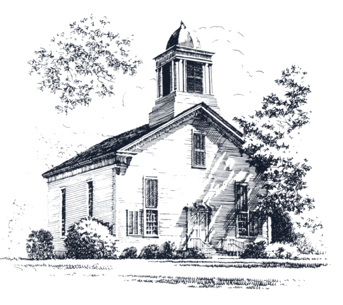 Black and white sketch of a historic church with a steeple, surrounded by trees and bushes.
