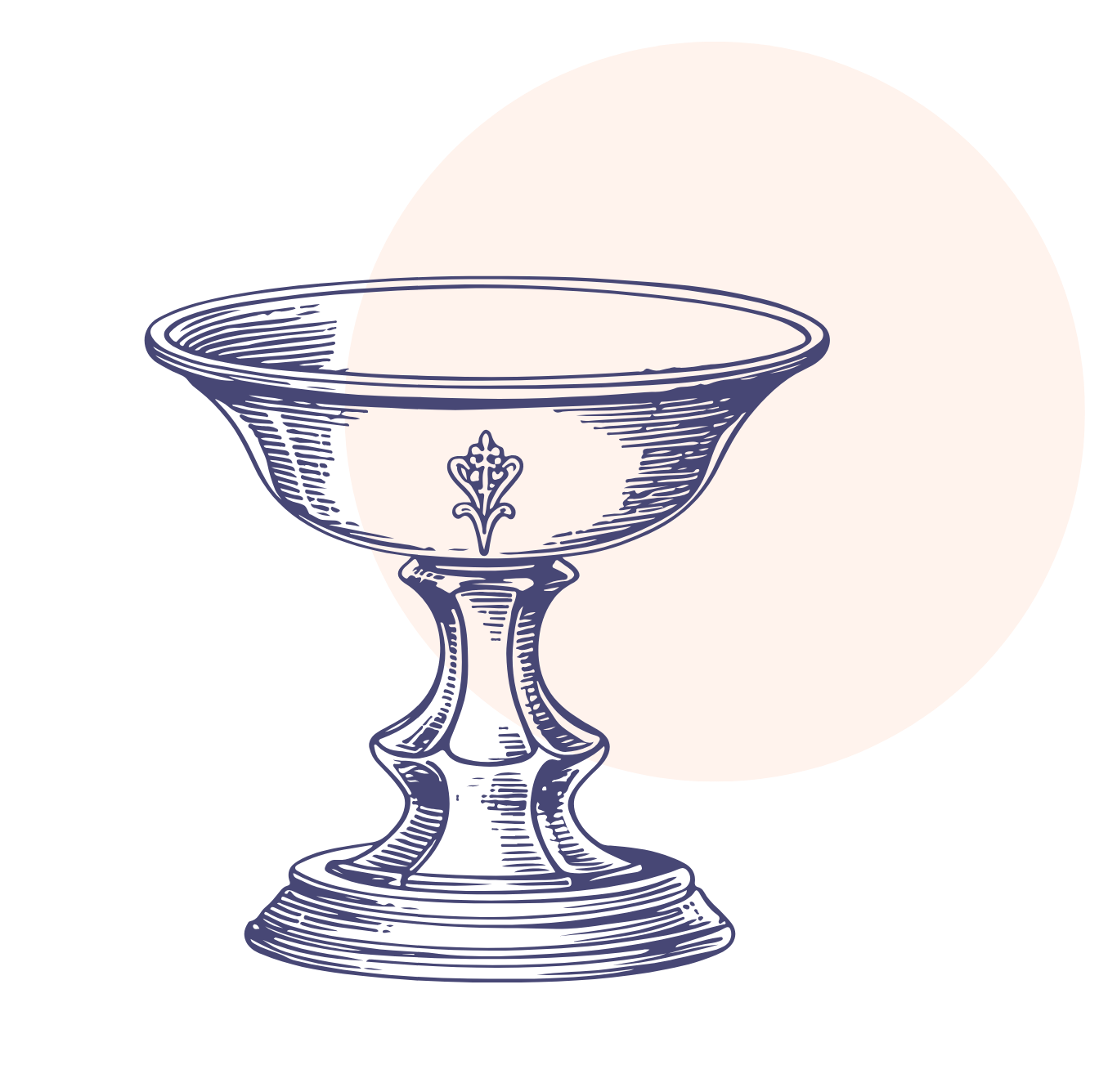 Line drawing of a chalice with a decorative emblem, set against a large full moon and black background.