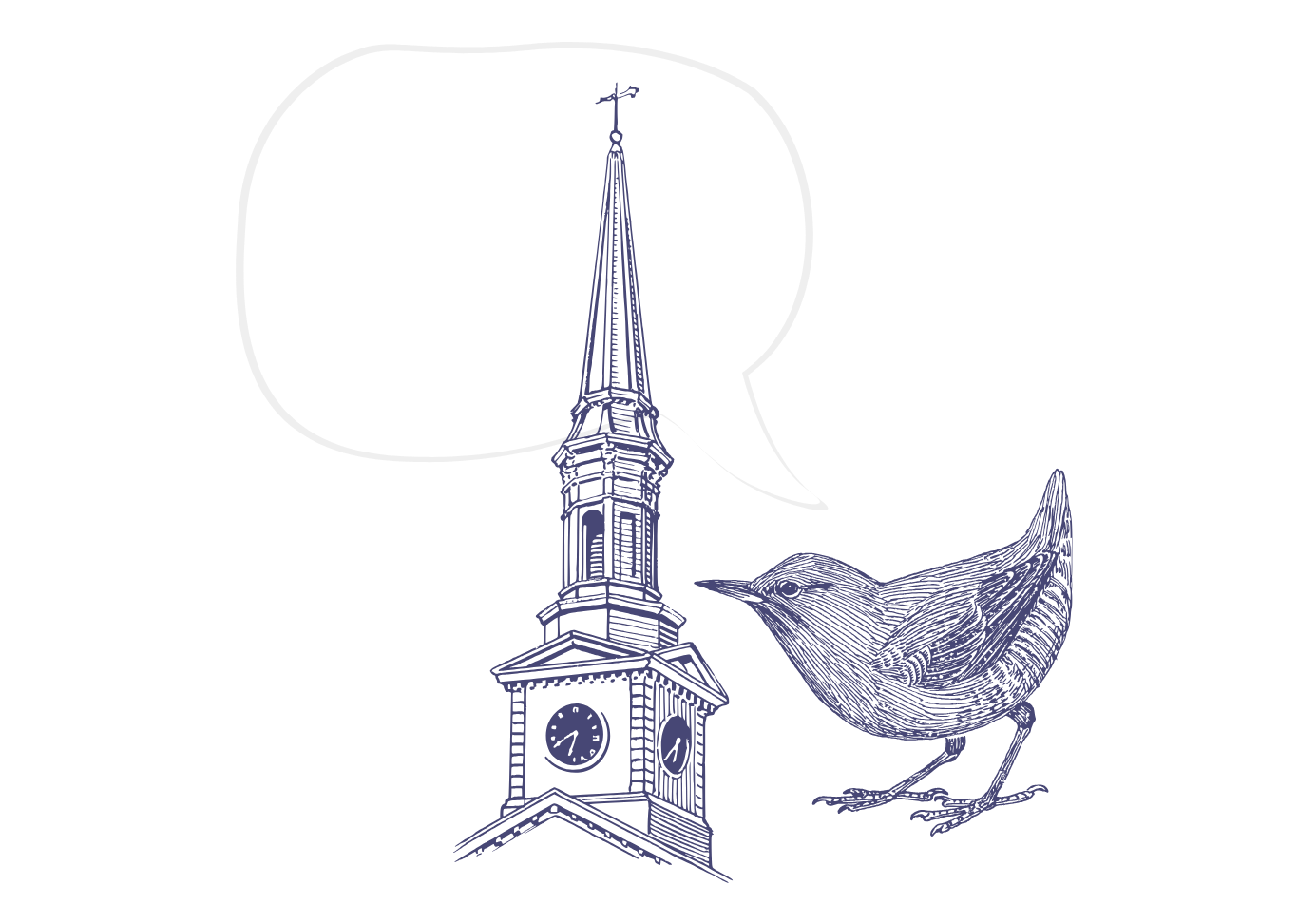 A line drawing of a church steeple with a clock tower, accompanied by a bird, with a speech bubble containing a question mark.